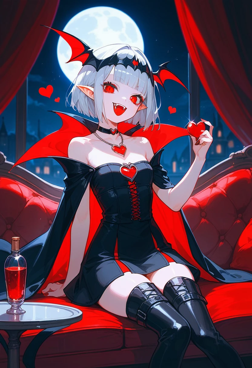 score_9, score_8_up, score_7_up, ((anime)), solo focus, sfw, 1 vampire girl, sitting on a sofa, a glass of red tomato juice and raw tomatoes on the table, (vampire fangs:1.2), blunt bangs, silver bob cut, Batman emblem on head, red eyes, Pointy Ears, black choker and red heart necklace, black mini dress with cloak, Medieval dress, bare shoulder, strapless dress, thigh, black high heel boots, The bright moonlight shines through the window, full moon night