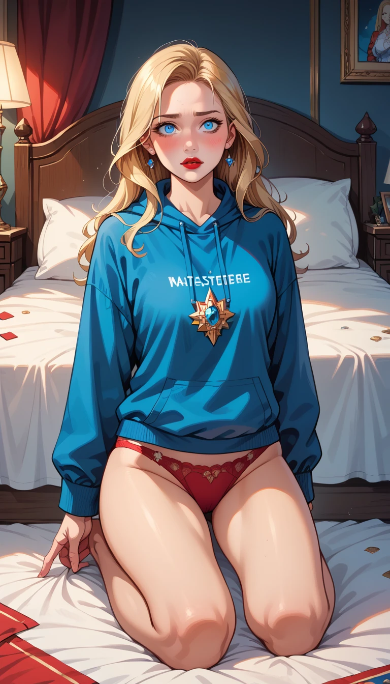 ((best quality)), ((masterpiece)), (detailed),  ridiculous resolution ,   Ultra-high resolution  , hyper resolution, (masterpiece:1.4), hyper-detail, a woman. she is . Blonde hair. long hair,  red lips. Closed lips. she is blushing.,blue eyes,  (Ultra detailed blue eyes:1.4)). She's kneeling on a bed ,  She only wears a blue sweatshirt and red panties,  full body .
