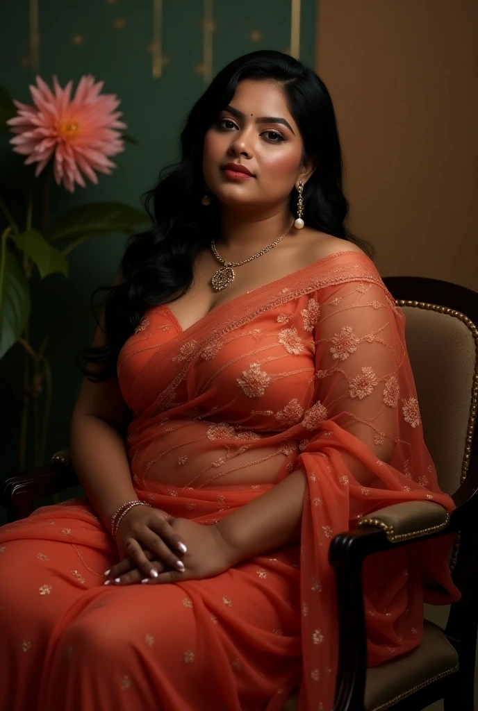 South Indian women, wearing cream colour chiffon transparent shiny skirt and black chiffon shirt 
