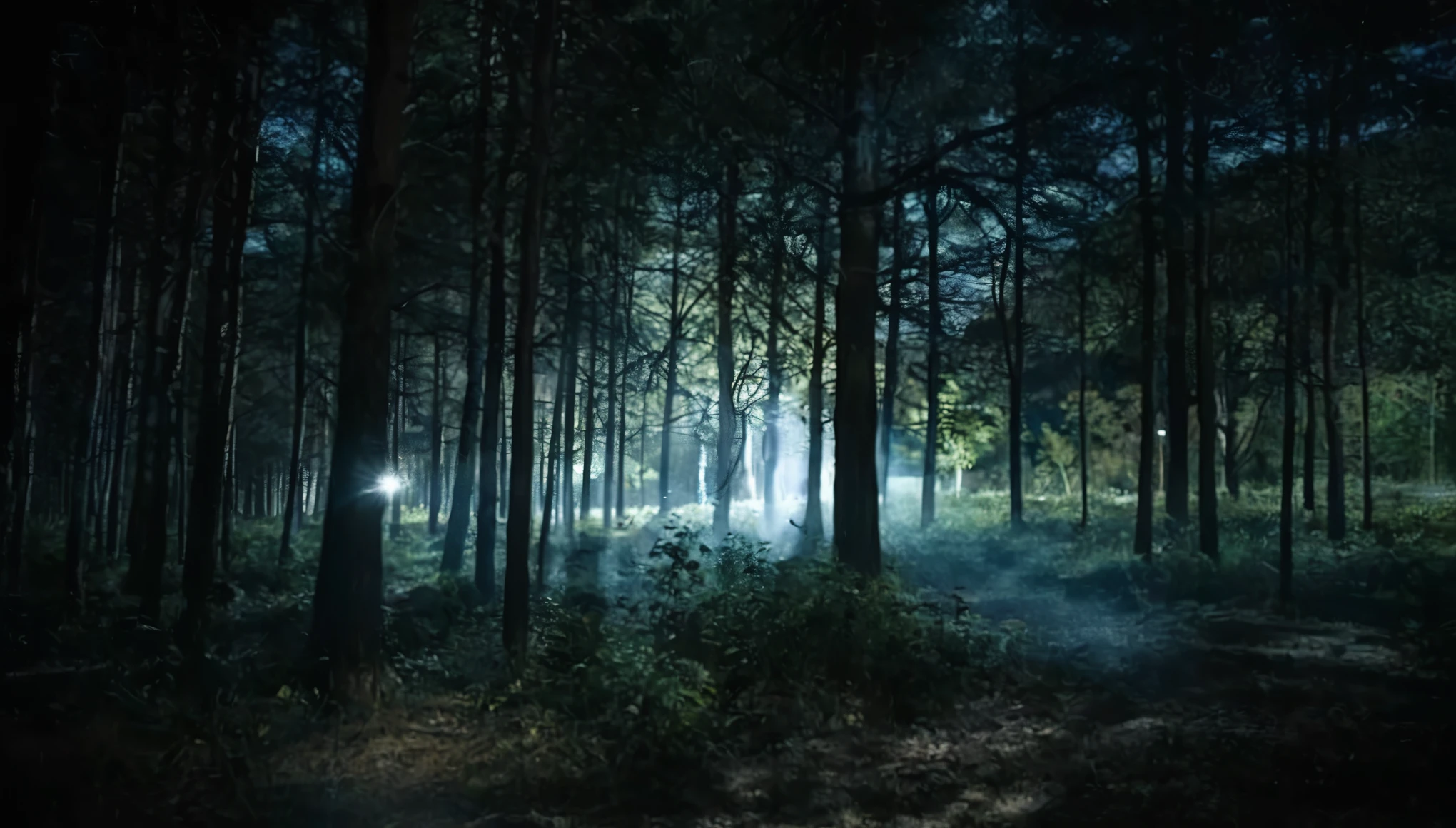  there is a forest with many trees and a light in the middle, in a forest at night, forest at night, in the forest at night, in the forest at night, An image of a moonlit forest, Night in the woods,  In the middle of the dark forest ,  mysterious and terrifying forest , night forest ,  night in a dark forest 