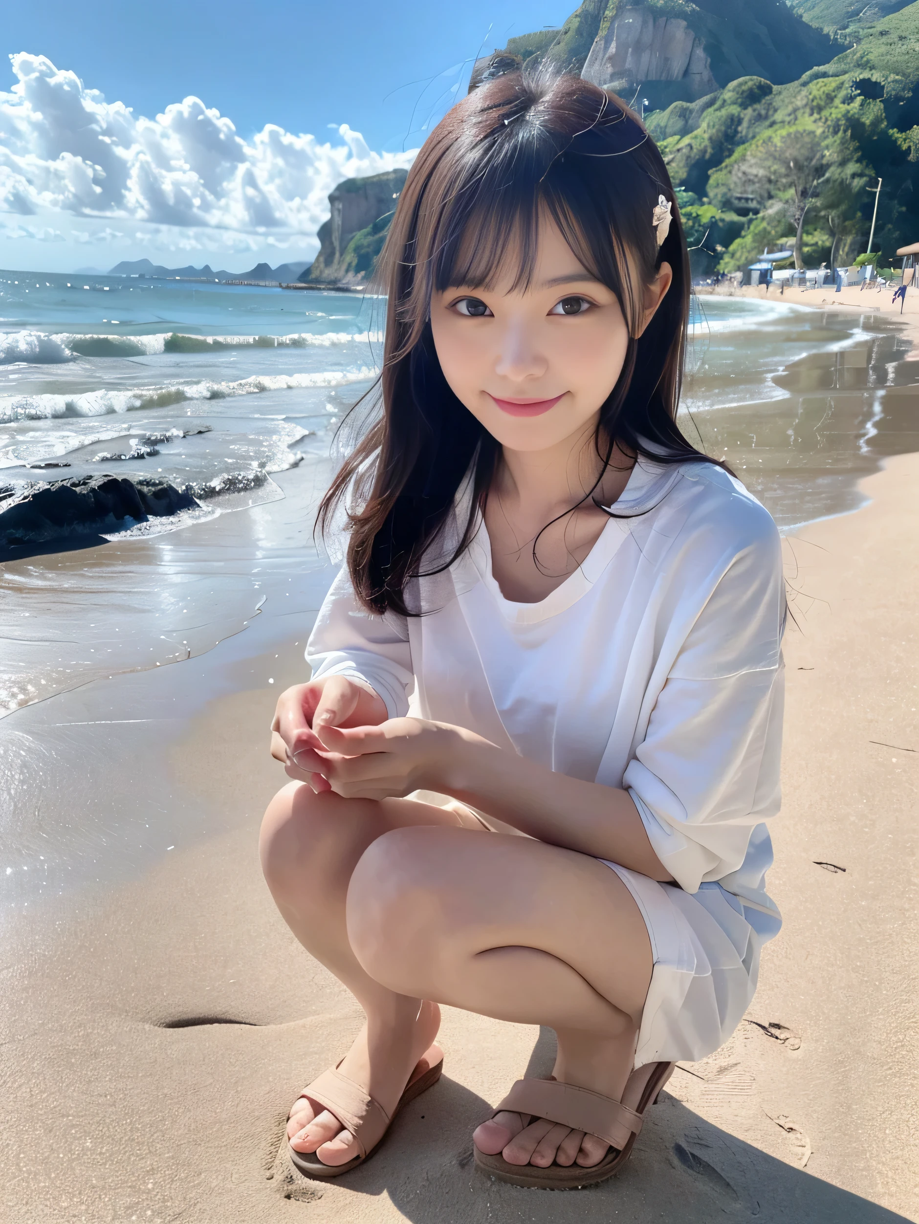  cute　Natural smile　daughter　Healthy　Outdoor　 sandy beach