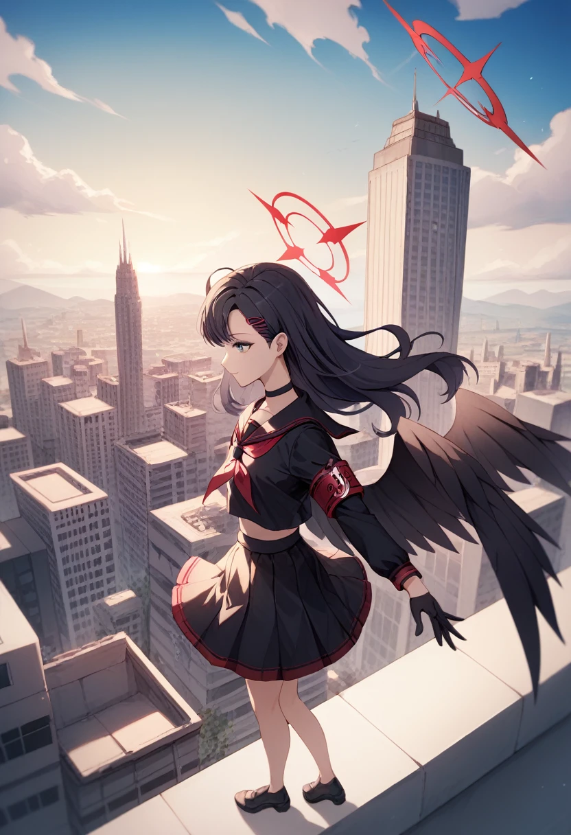 1girl, ichikadef, hairclip, halo, black serafuku, black sailor collar, red neckerchief, black shirt, black skirt, black gloves, black choker, armband, long sleeves, black wings, building, chain, city, cityscape, cloud, cross, crown, darkness, day, fantasy, floating hair, from side, full body, metal wings, on roof, outdoors, satellite dish, scenery, skyscraper, sunlight, tower, window