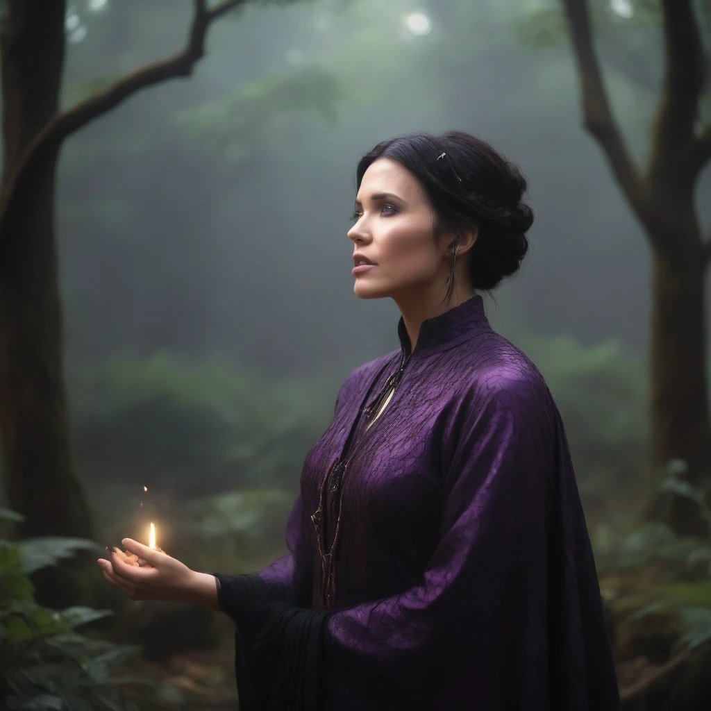 best quality, highres, 8k, masterpiece, photography, detailed midbody photorealistic portrait of Mandy Moore as Morrigan from Dragon Age, positioned by an ancient stone altar in a misty swamp, her black hair pulled into a tousled updo, with loose strands framing her face. Dressed in a deep purple and black leather ensemble with feathered details and a talisman around her neck, she exudes a mystical presence. Holding a small vial, she performs an incantation, surrounded by glowing runes, as fog curls around her feet, capturing the dark, magical ambiance. 40 years old, (real skin texture: 1.3), (slender figure: 1.1), six-pack abs, (Immersive Ambience, Chiaroscuro: 1.5, Dim Light: 1.2, Glow Lighting), (Bokeh: 1.5), Blurred, high contrast, (Fuji colours: 1.5), film grain