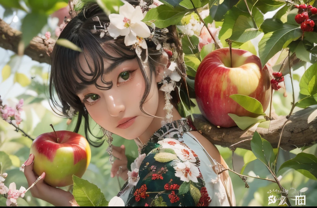 1 woman,Early 20s ,( pretty face :1.5),(Half Body),(The character is in the corner of the screen) dark hair,Yellow skin, young girl's health and vitality , picture of midsummer apple harvest , surrounding apple branches around the girl , girl holding a red apple in her hand,Bright colors,Brilliant light and shadow , Canon EOS 8K clearly captures facial features in high resolution, Crisp details, illustration, red and green color scheme ,