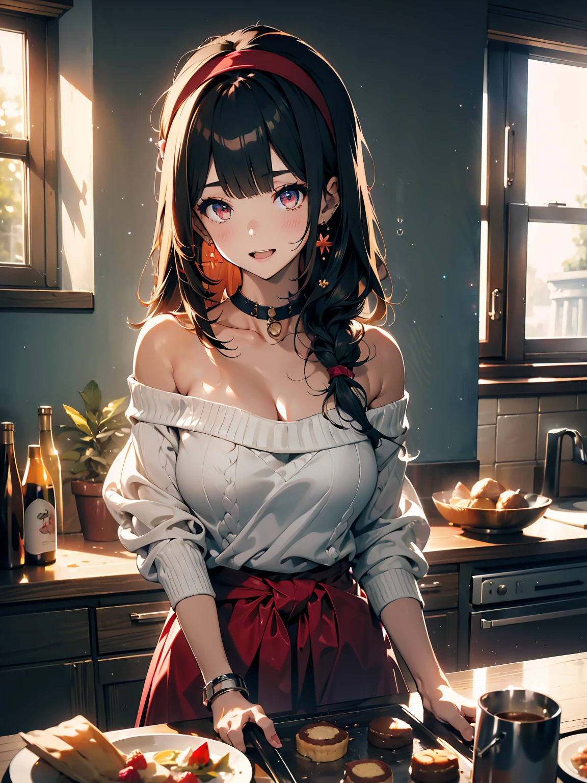 masterpiece, 1girl, Amazing Cleavage:1.3, thin waist, big ass, Raised sexy, medium breast:1.3,posed cleavage:1.2,solo, looking at viewer, open mouth, have a cup of coffee,black hair, red eyes, dress, bare shoulders, jewelry, collarbone, sidelocks, hairband, earrings, indoors, off shoulder, :o, sweater, arms behind back, plant, short hair with long locks, white hairband, off-shoulder dress, sweater dress, off-shoulder sweater, red sweater, big side hair, very long side hair,is rendered in (masterpiece: 1.2, best quality), with (ultra high resolution) and an exquisite (depth of field). This masterpiece is not only visually stunning but also tells, make of cooking some cakes ,in the kitchen,smile,seductive weak smiling,(with sparkling eyes and a contagious smile),open mouth, Looking at Viewer,