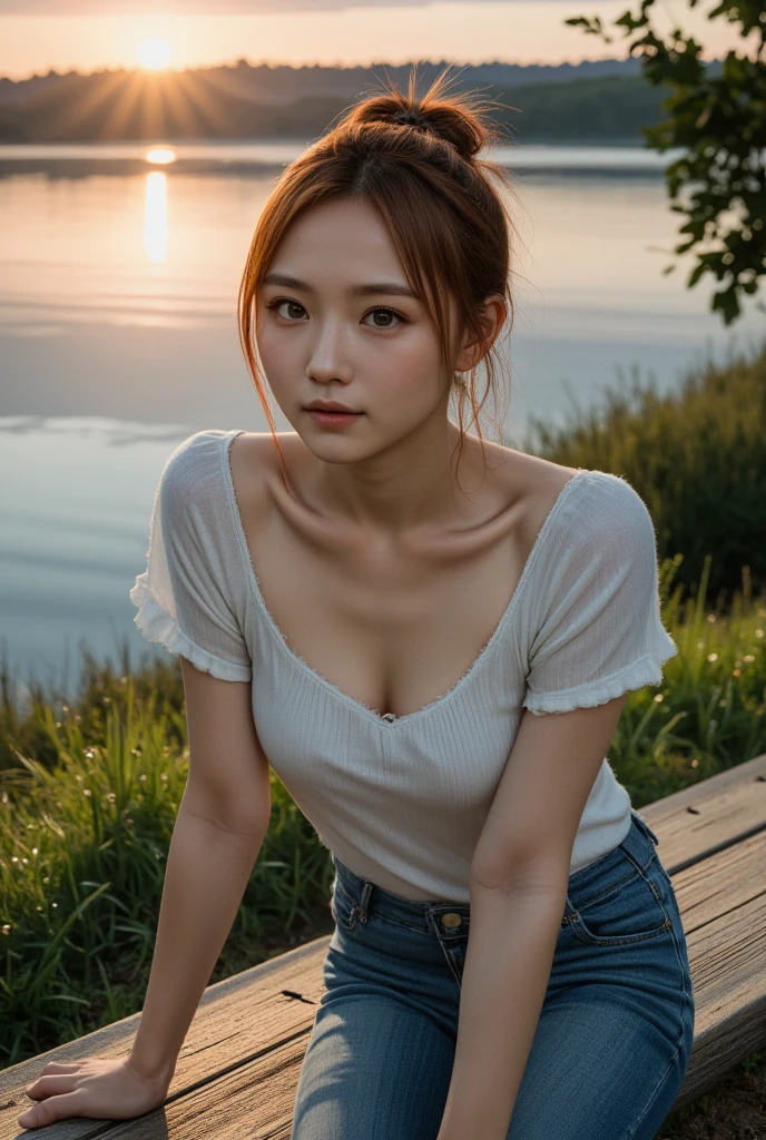 A beautiful girl with red hair sitting on a bench by a river, wearing a white shirt and baggy jeans, with a discreet smile and a cute look, during the golden hour, digital art, by Daniil Suponitskiy jpegman, (best quality,4k,8k,highres,masterpiece:1.2),ultra-detailed,(realistic,photorealistic,photo-realistic:1.37),HDR,UHD,studio lighting,ultra-fine painting,sharp focus,physically-based rendering,extreme detail description,professional,vivid colors,bokeh