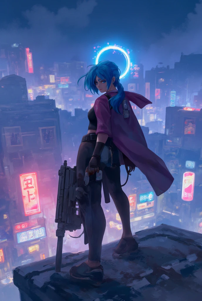 On a neon lit city night, Jinx stands at the edge of a high-rise building, with a bustling urban night view behind her. She held a huge firearm in her hand, her gaze fixed on the front, surrounded by a colorful halo, symbolizing her recklessness and . The screen adopts high contrast cool tones, emphasizing the conflict between Jinx and the surrounding environment. Valkyrie, solitary, a girl with one long plait, blue hair, Jinx \(league of legends\).  
best quality, masterpiece, intricate details, ultra-detailed