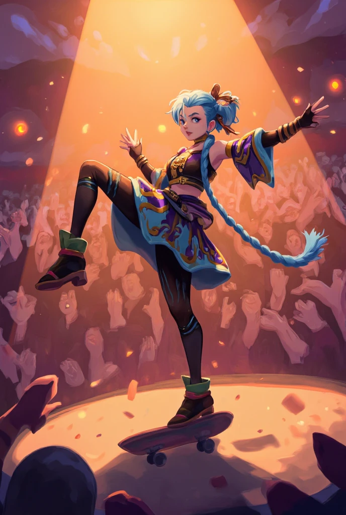 Show the moment when Jinx is on stage, wearing exaggerated performance clothes, stepping on a skateboard, and spinning in the air. The background is filled with enthusiastic cheers from the audience and dazzling lighting effects. The colors are mainly warm tones, highlighting the charm and energy of Jinx as a performer.
Valkyrie, solitary, a girl with one long plait, blue hair, Jinx \(league of legends\).  
best quality, masterpiece, intricate details, ultra-detailed