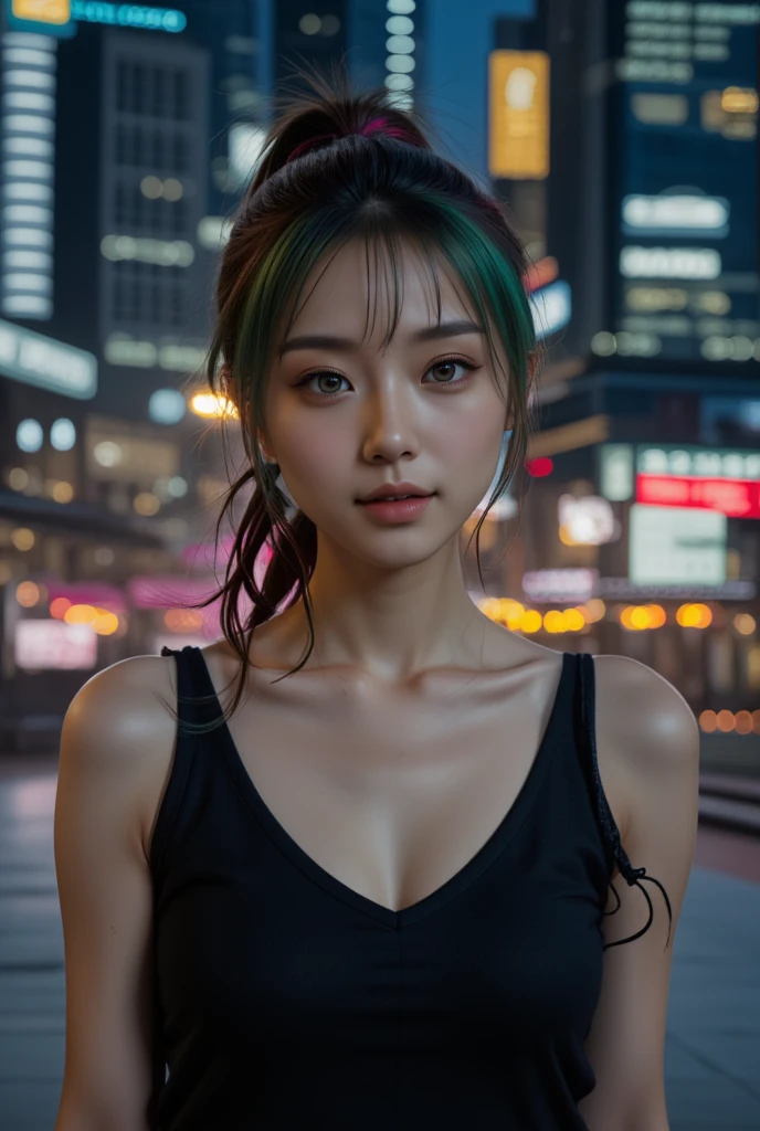 A photorealistic woman with striking green hair and pink locks, captivating blue eyes, alone in a modern cyberpunk setting, (best quality,4k,8k,highres,masterpiece:1.2),ultra-detailed,(realistic,photorealistic,photo-realistic:1.37),hyper detailed facial features, intricate hairstyle, porcelain skin, elegant expression, futuristic urban background, neon lights, moody atmosphere, dramatic shadows