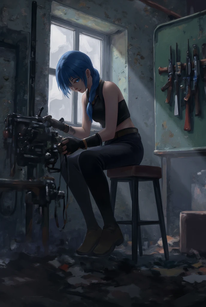 Describe the scene of Jinkesi ibandoned factory, where she is debugging a complex mechanical device with various weapons and tools hanging on the wall. The ambient lighting was dim, with only a few beams of light shining through the window, illuminating Jinkesi's focused expression and creating a mysterious and tense atmosphere.
Valkyrie, solitary, a girl with one long plait, blue hair, Jinx \(league of legends\).  
best quality, masterpiece, intricate details, ultra-detailed