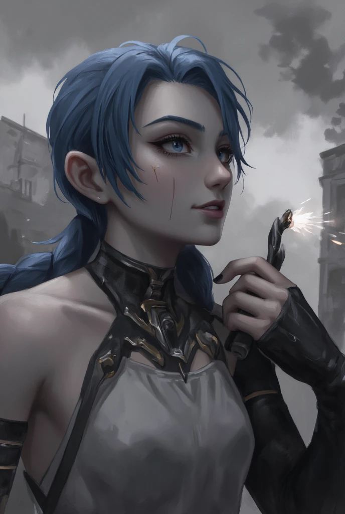 Jinx is in ruins, with a scene of a dilapidated city in the background and ashes floating in the sky. She held a lit fuse in her hand, preparing to detonate some important target. The screen adopts strong black and white contrast to enhance the dramatic and urgent sense of the scene.
close-up, Valkyrie, solitary, a girl with one long plait, blue hair, Jinx \(league of legends\).  
best quality, masterpiece, intricate details, ultra-detailed