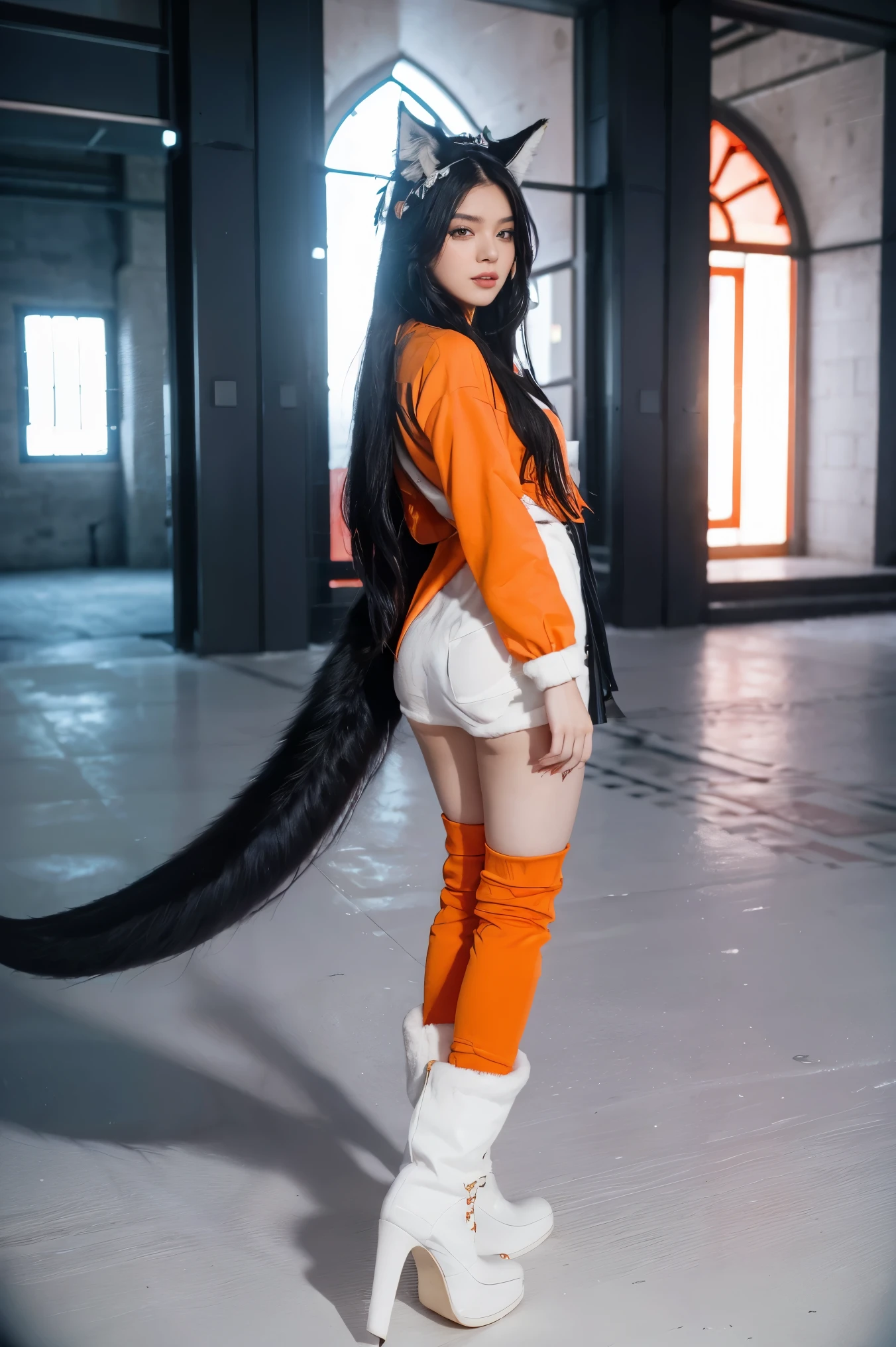 ahri, ahri_(league_of_legends), 1girl, absurdres, animal_ears, black_hair, detached_sleeves, distr, facial_mark, fox_ears, fox_tail, hand_up, highres, league_of_legends, long_hair, snowsuit, magic, multiple_tails, white_tails, orange_eyes, parted_lips, solo, standing, tail, full_body, arms behind back