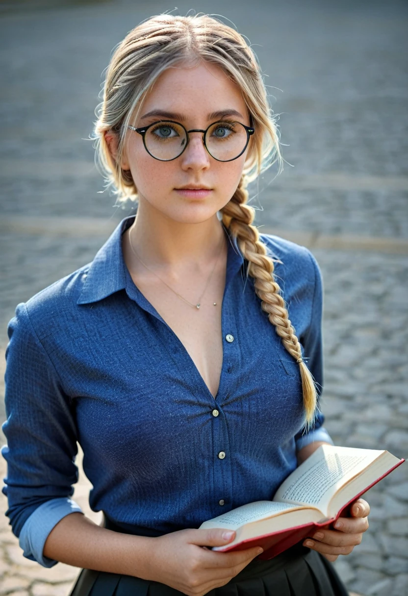 Simple braid, blue collared blouse, round glasses, black skirt, sexy eyes, medium breast, cute thoughtful face, , look at your viewers, long hair, natural blonde (natural skin texture, hyper realism), (Realistic: 1.4), (Whole body: 1.5), (Full shot: 1.2), (Realism), (Masterpiece: 1.2), (Best quality), (Super detailed), (8k, 4K, Complex), (85mm), light particles, lighting, (Highly detailed: 1.2), (Detailed face: 1.2), (Gradient), colorful, (Fine grain: 1.2), (University: 1.2), (Detailed background), (Dynamic angle: 1.2), (Whole body: 1.2), (Holding a book: 1.3), (Course of action: 1.2), Wide angle shooting, sunlight, Alone. background outside in college