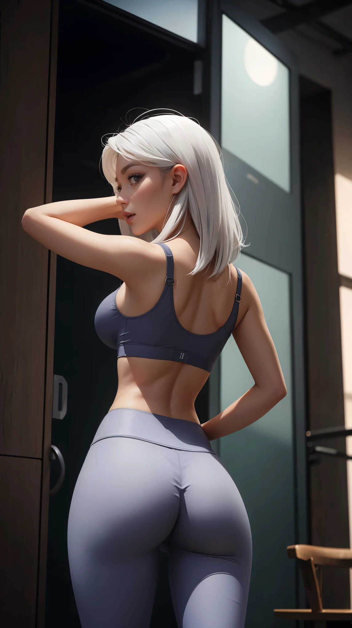 White hair, leggings mesh, sexy posing, perfect ass, perfect breast, without bra