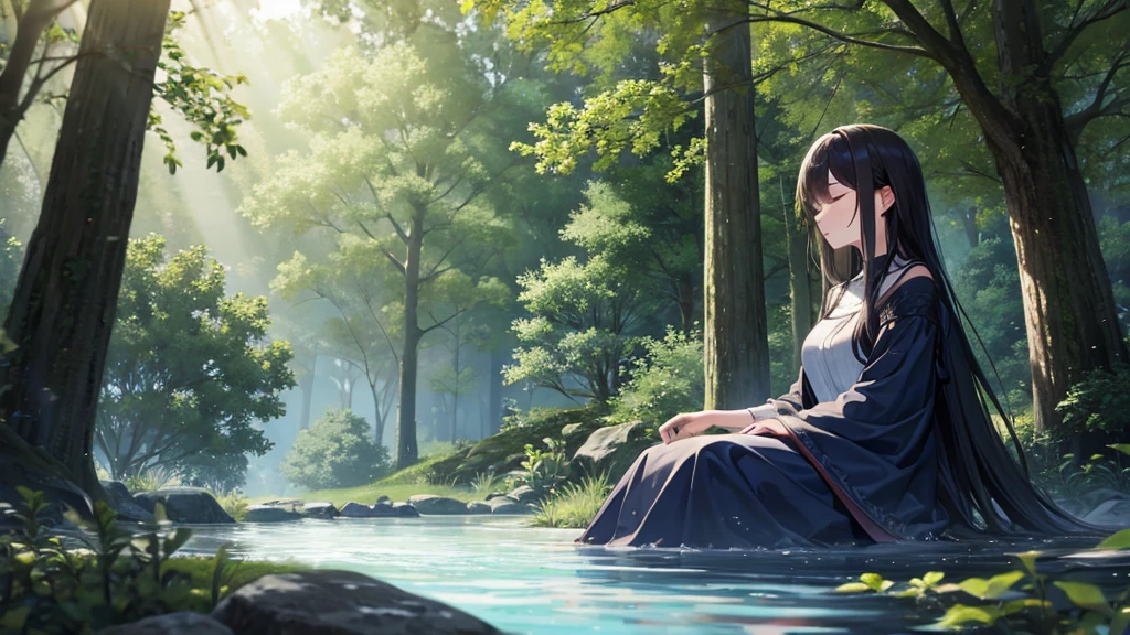 A tranquil forest glade bathed in moonlight, with a gentle stream ...