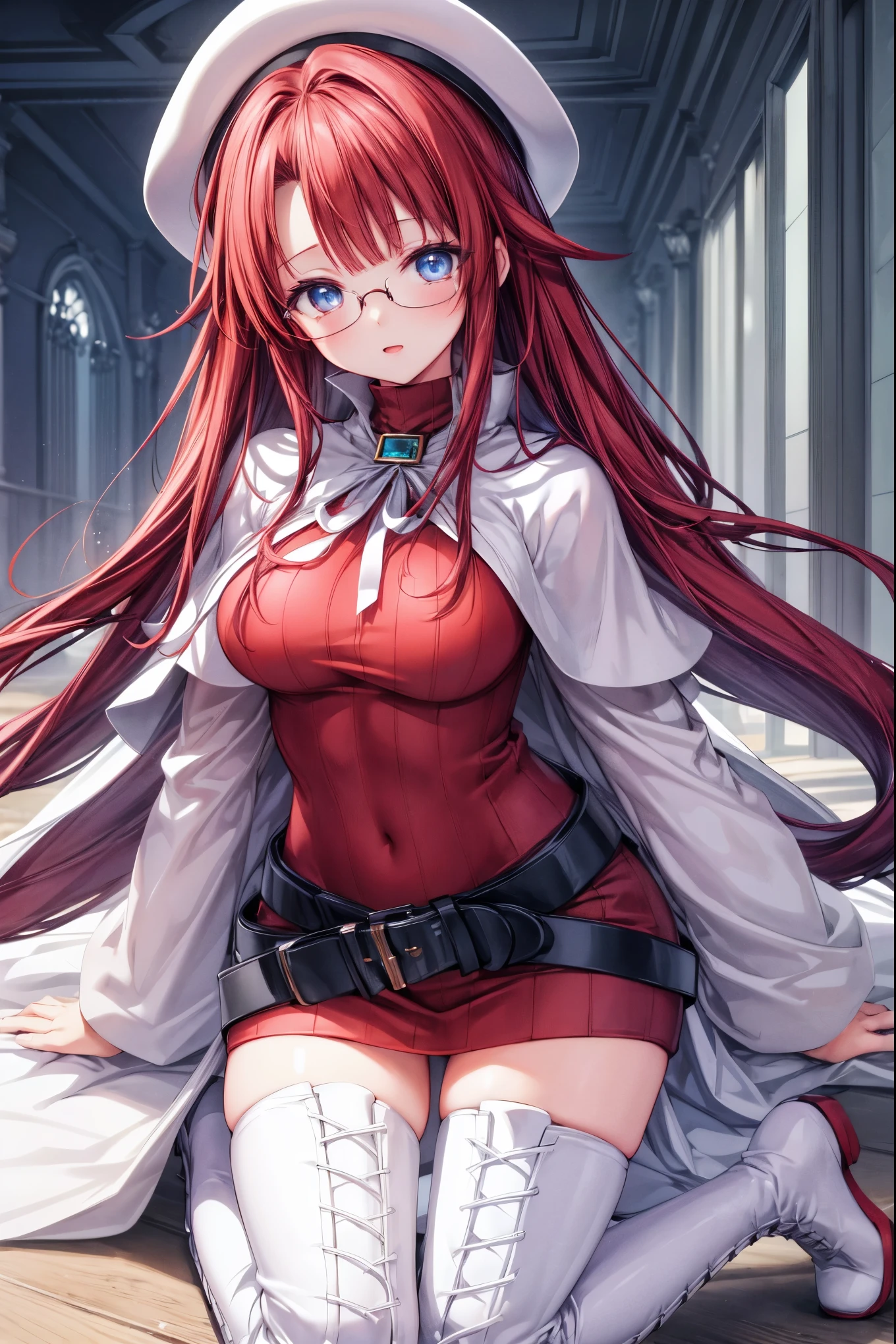 masterpiece, best quality, integrated scenery, integrated background, extremely delicate and beautiful, meticulous details, good composition, , cute face, perfect face, perfect hands, best quality, summonnightaty, aty, (young:1.3),long hair, blue eyes, red hair, large_breasts, hat, glasses,
BREAK long hair, thighhighs, dress,  glasses, belt, cape, sweater, zettai ryouiki, beret, thigh boots, white footwear, ribbed sweater, loose belt,solo,
BREAK  fantasy,
,Highquality_hads,perfect_fingers,
BREAK (masterpiece:1.2), best quality, high resolution, unity 8k wallpaper, (illustration:0.8), (beautiful detailed eyes:1.6), extremely detailed face, perfect lighting, extremely detailed CG, (perfect hands, perfect anatomy),(covered_nipples:0.7),(covered_navel:0.7) ,half_eyes,,sleepy_eyes,red_sweater,apart_knees,spread_legs,rise_knee,light_Smile,rise_hand,open_arms,beach_landscape,,(plump:0.6),open_mouth, dynamic_angle,solo,kneeling, slouch,half_eyes,