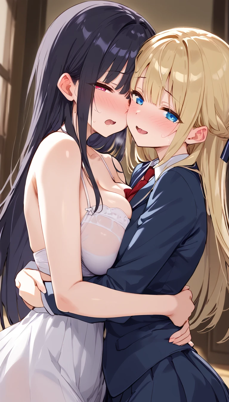 {masterpiece:2}, best quality, high quality, best quality, ultra high res, real picture, intricate details, beautiful detailed, finely detailed, perfect anatomy, detailed shoujo manga style, (best quality masterpiece:1), 2girls, beautiful, yuri, lesbian, lesbian sex, naked, nude, {{{dark blue black hair, curly long hair, cool smile, blue eyes}}}, {{{deep yellow blond, long striaght yellow hair, pretty smile, yellow eye}}}