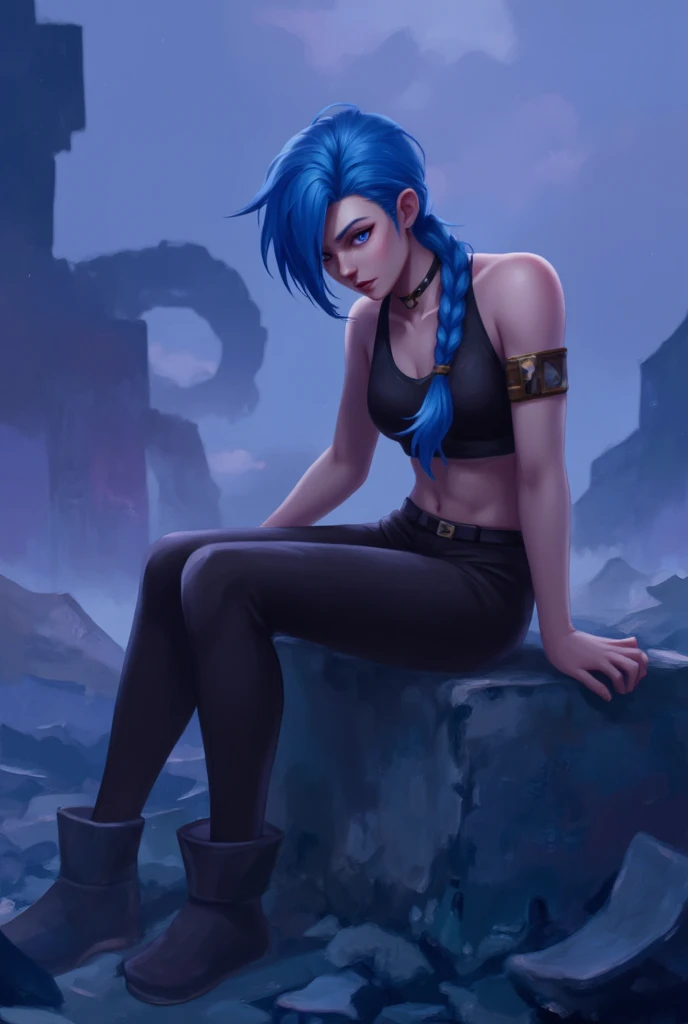 Show the scene of Jinx resting alone on a stone after a fierce battle. Surrounded by scattered shell casings and signs of destruction, her gaze appeared unusually calm. The screen is dominated by deep blue and purple, highlighting Jinx complex emotions through the contrast of warmth and coldness.
full body, Valkyrie, solitary, a girl with one long plait, blue hair, Jinx \(league of legends\).  
best quality, masterpiece, intricate details, ultra-detailed