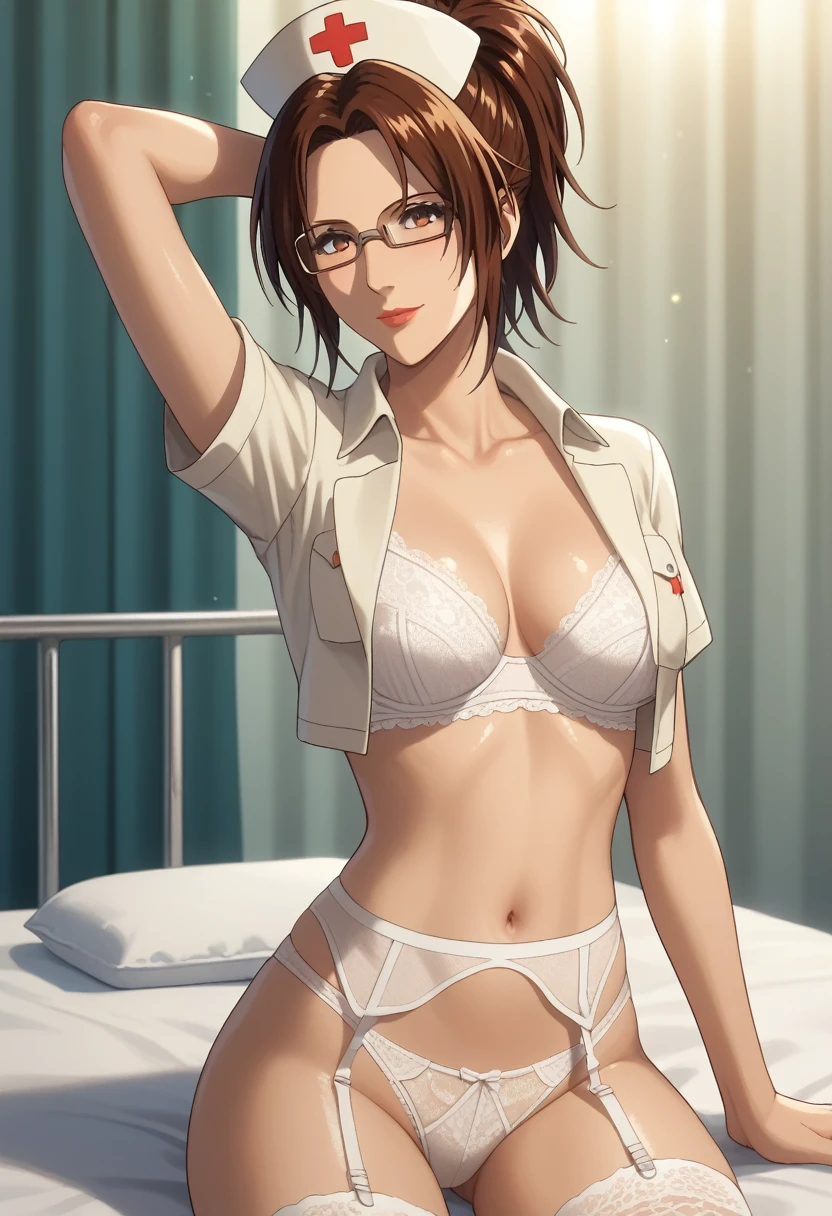 score_9,score_8_up,score_7_up,score_6_up,score_5_up,score_4_up BREAK skinny, medium breasts, shiny skin,bokeh,bloom, indoors,light particles, hospital, 1girl, ((clear eyes)), Hange Zoe, (((brown hair, ponytail hair, glasses))), brown eyes, medium lips, red nails, red lips, mature female, ((perfect model body)), ((white nurse cap, white lace bra, white garter belt, white lace panties, white lace stockings,)), wide hips, lewd look, model pose, posing, naughty smile, lying, raised arms, from above