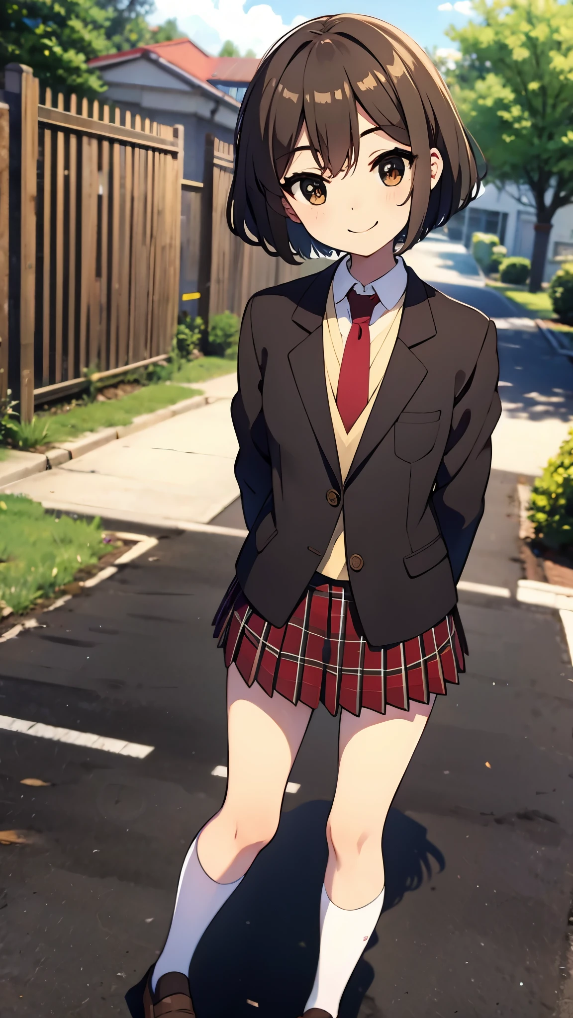 ultra high res, Best quality, path in the forest, UHD, bob cut, contented smile, light brown hear, school uniform, black blazer, arms behind back, legs crossed standing, tilting head, white socks, red tie, red plaid pattern skirt, brown loafer, anime style, sharpen, 32k, masterpiece, intense gaze,
