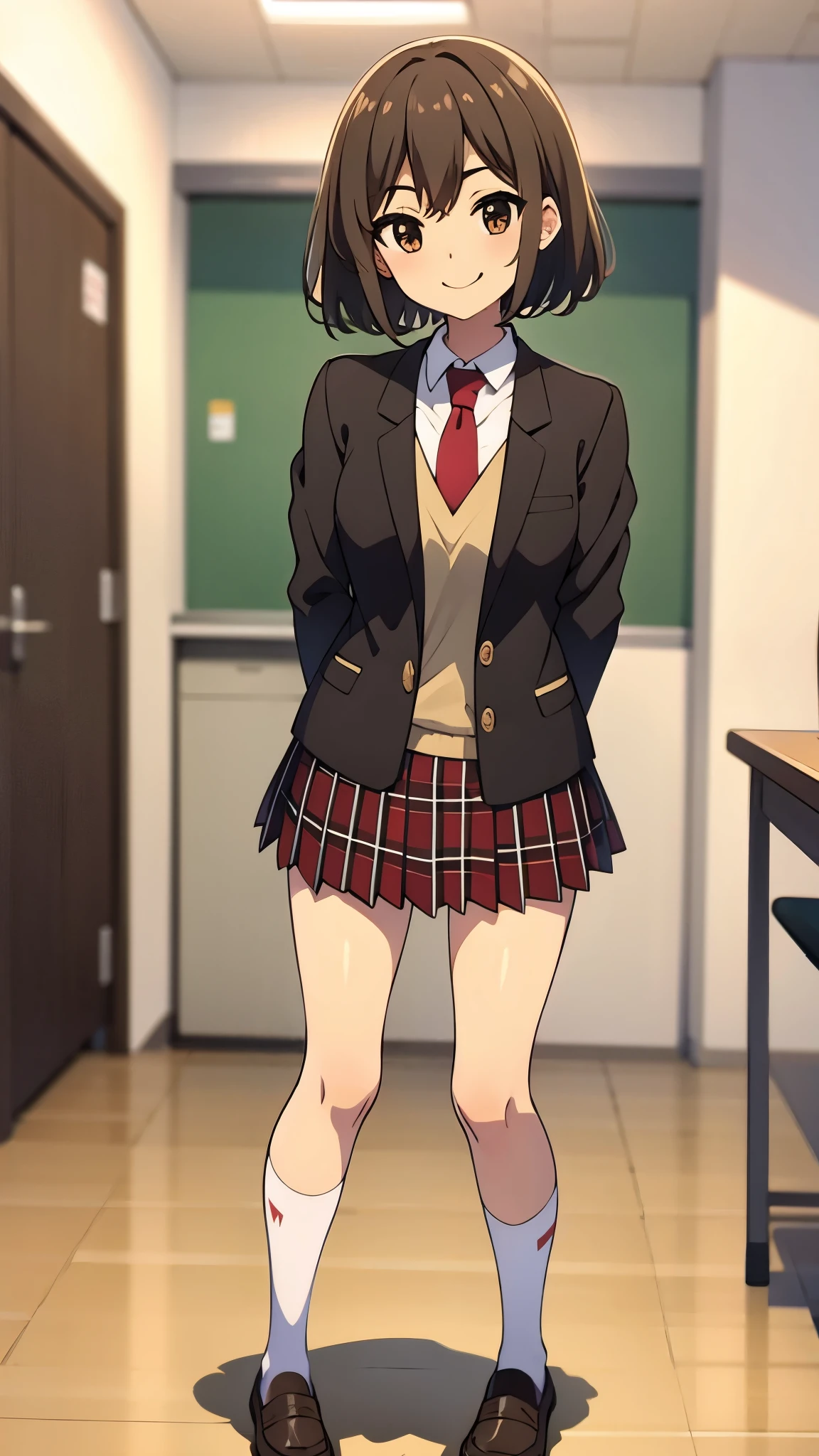 classroom, anime style, ultra high res, break white socks1:4, break Best quality, adult body, UHD, break contented smile, black blazer, arms behind back, break legs crossed standing, tilting head, red tie, red plaid pattern skirt, brown loafer, sharpen, 32k, masterpiece, intense gaze,