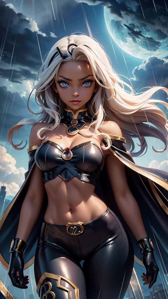 ,(Highly quality, masterpiece, detailed), stormy cloud city detailed scenario, stormy cloud city detailed background, 20 years old girl, dark clouds, rain, wet, 1girl, Ororo, dark skin, strapless, exposed shoulders, long hair, midriff, cape,l, gloves, skin tight pants, gold trim, Abdomen, Navel, beautiful eyes, perfect eyes, looking at the viewer, Sexy pose