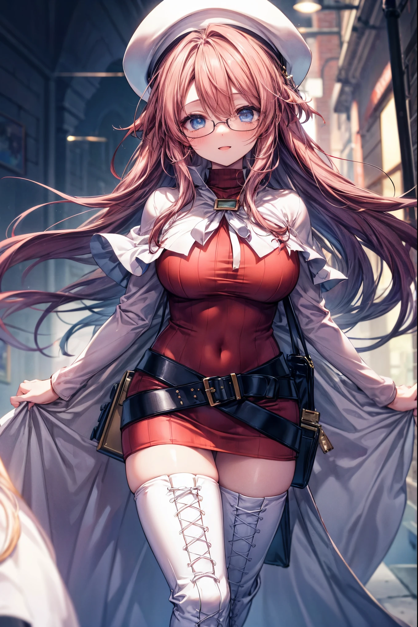 masterpiece, best quality, integrated scenery, integrated background, extremely delicate and beautiful, meticulous details, good composition, cute face, perfect face, perfect hands, best quality, summonnightaty, aty, (young:1.3),long hair, blue eyes, red hair, large_breasts, hat, glasses,
BREAK long hair, thighhighs, dress,  glasses, belt, cape, sweater, zettai ryouiki, beret, thigh boots, white footwear, ribbed sweater, loose belt,solo,
BREAK  fantasy,
,Highquality_hads,perfect_fingers,
BREAK (masterpiece:1.2), best quality, high resolution, unity 8k wallpaper, (illustration:0.8), (beautiful detailed eyes:1.6), extremely detailed face, perfect lighting, extremely detailed CG, (perfect hands, perfect anatomy),(covered_nipples:0.7),(covered_navel:0.7) ,half_eyes,sleepy_eyes,red_sweater,apart_knees,spread_legs,rise_knee,Smile,rise_hand,open_arms,bluesky_landscape,(plump:0.6),open_mouth, dynamic_angle,solo,walking, slouch,half_eyes, head_wind,side_view