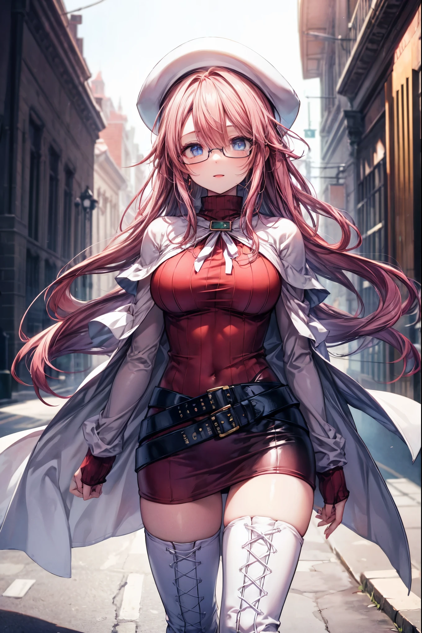 masterpiece, best quality, integrated scenery, integrated background, extremely delicate and beautiful, meticulous details, good composition, cute face, perfect face, perfect hands, best quality, summonnightaty, aty, (young:1.3),long hair, blue eyes, red hair, large_breasts, hat, glasses,
BREAK long hair, thighhighs, dress,  glasses, belt, cape, sweater, zettai ryouiki, beret, thigh boots, white footwear, ribbed sweater, loose belt,solo,
BREAK  fantasy,
,Highquality_hads,perfect_fingers,
BREAK (masterpiece:1.2), best quality, high resolution, unity 8k wallpaper, (illustration:0.8), (beautiful detailed eyes:1.6), extremely detailed face, perfect lighting, extremely detailed CG, (perfect hands, perfect anatomy),(covered_nipples:0.7),(covered_navel:0.7) ,half_eyes,sleepy_eyes,red_sweater,apart_knees,spread_legs,rise_knee,Smile,rise_hand,open_arms,bluesky_landscape,(plump:0.6),open_mouth, dynamic_angle,solo,walking, slouch,half_eyes, head_wind,side_view