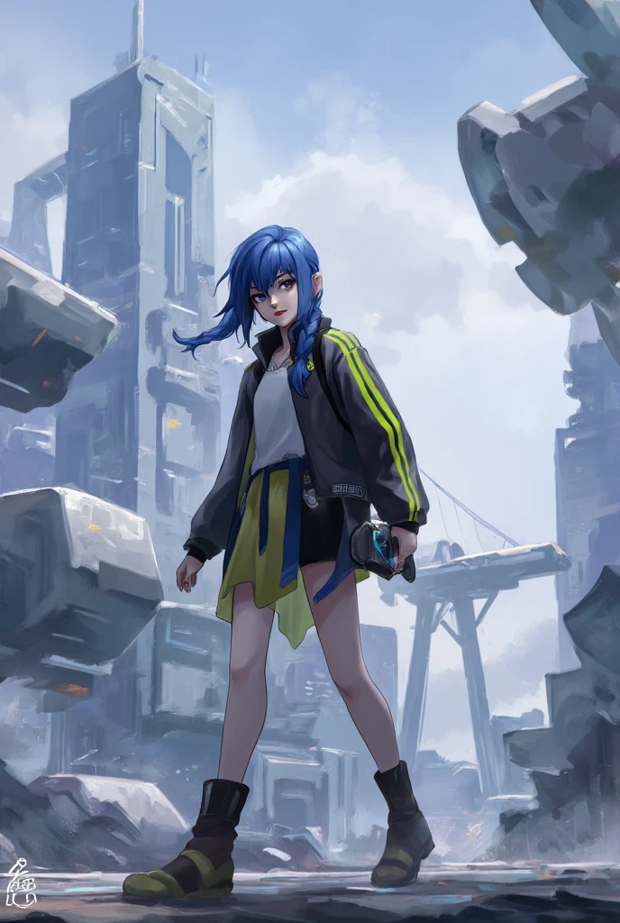 This describes Jinx strolling in a city full of futuristic technology, surrounded by high-tech buildings and suspended transportation. She was wearing a jacket with fluorescent stripes and holding a small communication device, with an excited and curious expression. The colors are mainly silver and blue, with modern and dynamic light and shadow effects.
full body, Valkyrie, solitary, a girl with one long plait, blue hair, Jinx \(league of legends\).  
best quality, masterpiece, intricate details, ultra-detailed