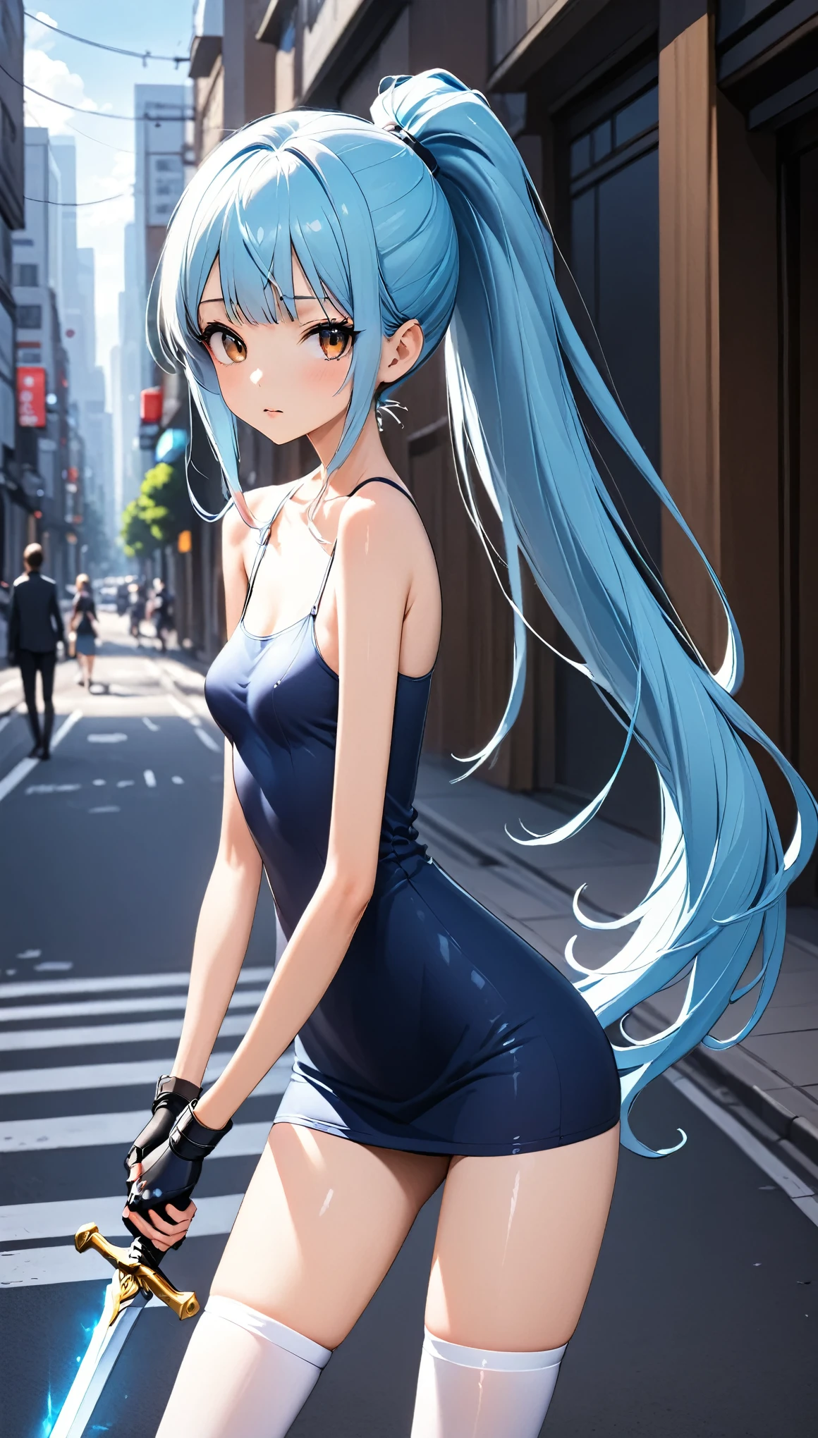 ((masterpiece,Best Quality:1.3,best quality illustrations)),cowboy shot,1woman,adult,(ponytail),straight long hair,light_blue hair,(very small head:1.2),bangs,gorgeous eyes,brown eyes,blush,(very long body:1.1),small breasts,( dark blue tank mini dress ,white_thighhighs),navy blue fingerless gloves,slender body,toned body,shiny skin,( holding a blue glowing sword 、Hold your sword correctly :1.2、Accurately drawn hands:1.2),Figure fighting monsters with swords:1.3、on street,Shinjuku、Tokyo、