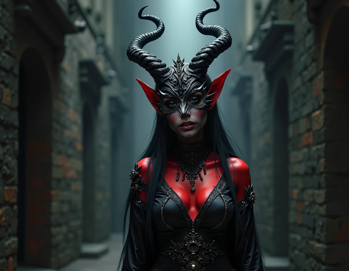 (masterpiece, extreme detail, intricate, authentic, photograph), a majestic slender demon queen made of liquid blood, she is standing in a dark chamber and is surrounded by her worshippers, she has demonic hands, regal clothes, wearing a red cloak and a hood, (red threads connect her with the surroundings:1.3), (face hidden under the hood, hidden face), (((red translucent skin:1.2))), bones under the skin, her body is lean tall and thin, imposing, powerful stance, dark image, backlight, (light from above:1.1),