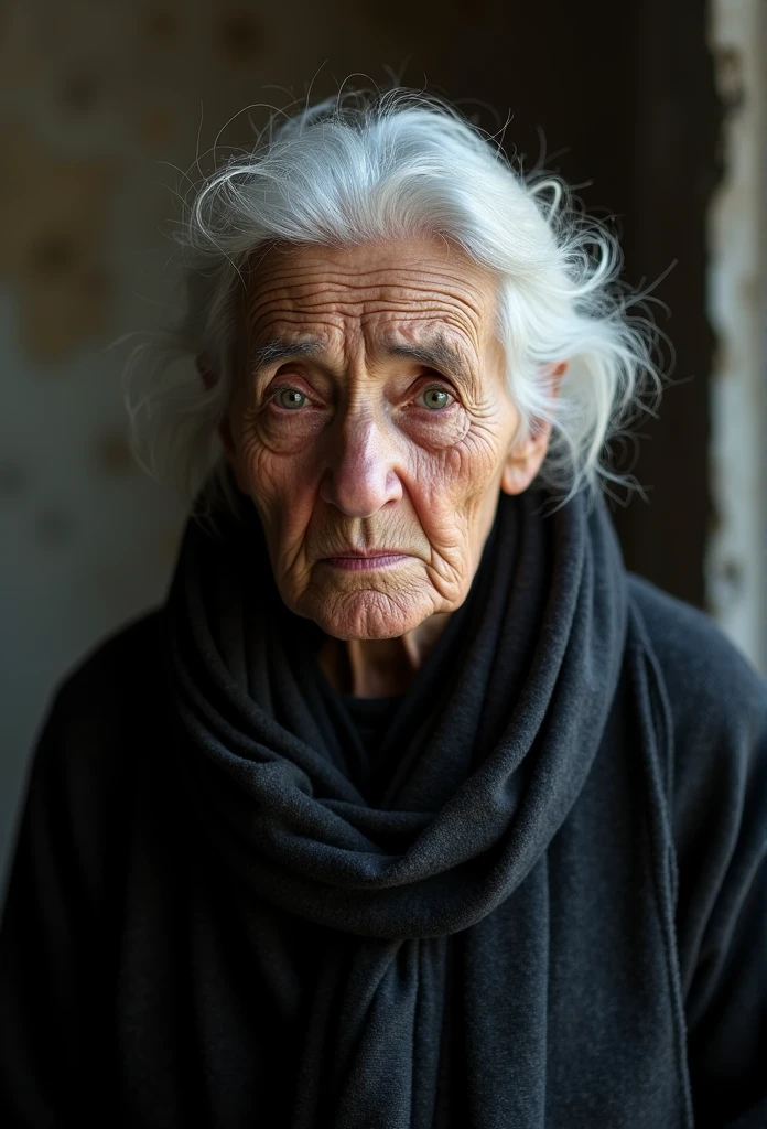 ((masterpiece)) ((photography)) ((Highest quality)) A realistic, emotional portrait of an elderly Palestinian woman with white hair, her face etched with lines of hardship and resilience. She wears a dusty black coat, which adds a raw texture to the image, symbolizing the struggles she's endured. Her expression reflects deep suffering, with sorrowful yet determined eyes that tell a story of resilience and loss. The background is muted and blurred, focusing on her face and attire, while the lighting casts soft shadows, enhancing the depth of her features and the somber mood of the scene.