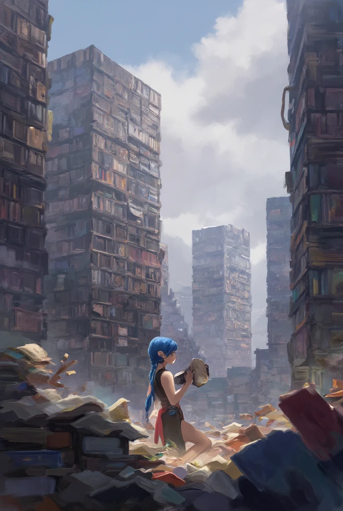 Jinx is searching for secrets incient library, with bookshelves towering into the clouds and the ailled with the scent of ancient books. She gently flipped through a thick ancient book, her eyes sparkling with a glimmer of wisdom. The screen adopts a retro color tone, showcasing a fun of exploring the unknown through fine detail portrayal.
full body, Valkyrie, solitary, a girl with one long plait, blue hair, Jinx \(league of legends\).  
best quality, masterpiece, intricate details, ultra-detailed