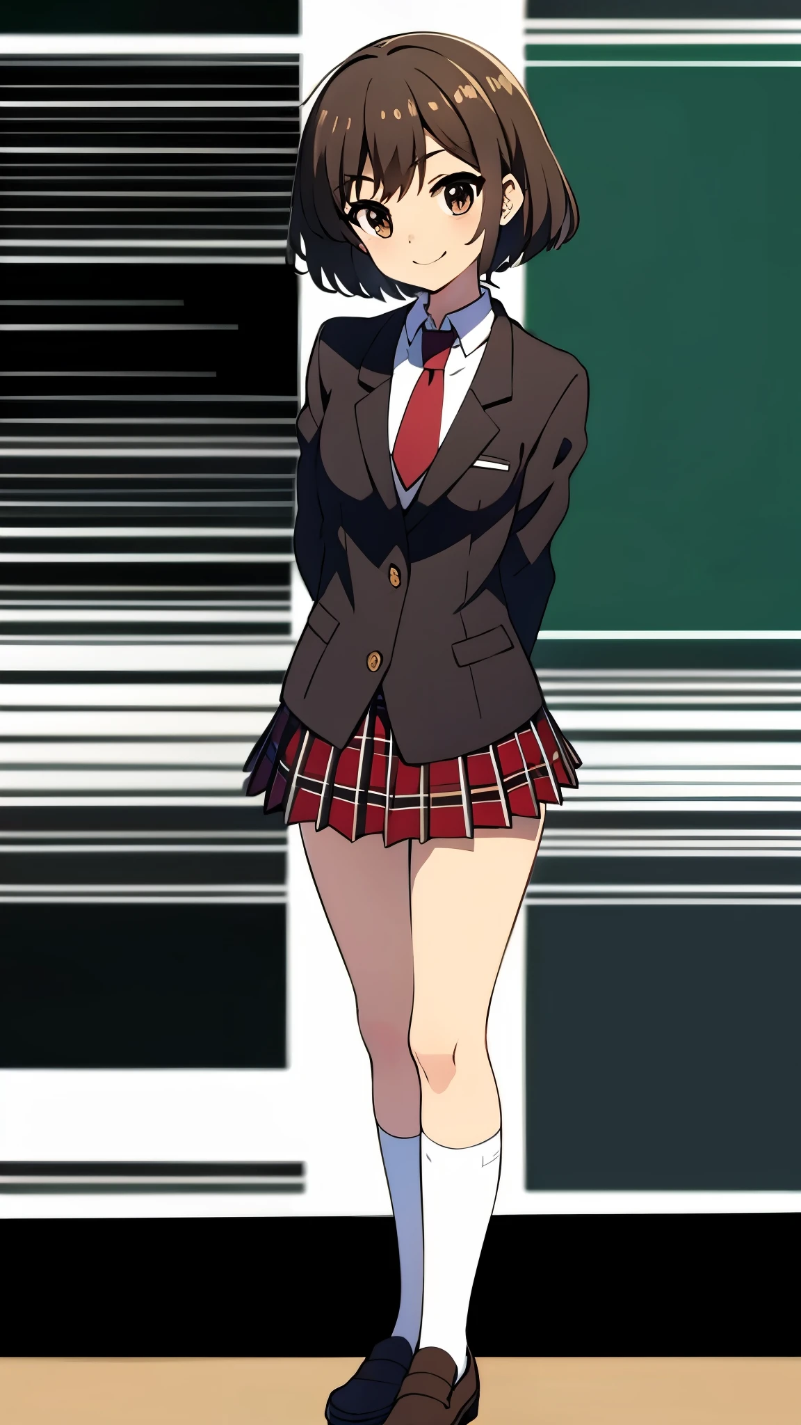 classroom, anime style, ultra high res, break white socks1:4, break Best quality, adult body, UHD, break contented smile, black blazer, arms behind back, break legs crossed standing, tilting head, red tie, red plaid pattern skirt, brown loafer, sharpen, 32k, masterpiece, intense gaze,