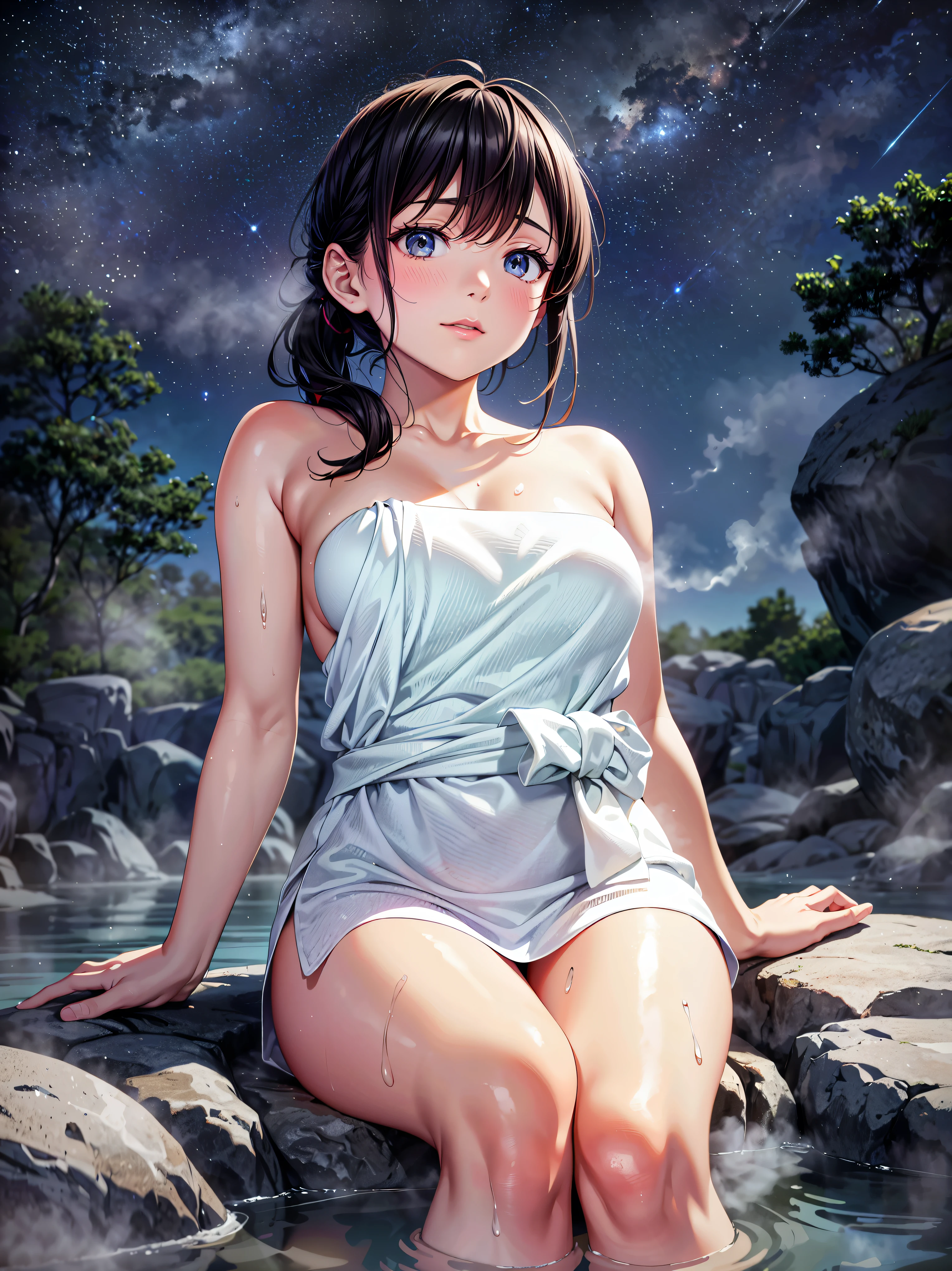 ( Ultra HD), (Super detailed), (Best Quality), Young woman,  wrap a white towel around your body,  Japanese Hot Springs,  Open-air Bath, Rock bath,  Yukemuri, ( steam :1.5), ((Submerge your body in the bath)), sit,  upper body, Sweat on your skin , Accumulated snow, (((looking up at night sky, from below, at side))), Starry Sky, Meteor Shower, 