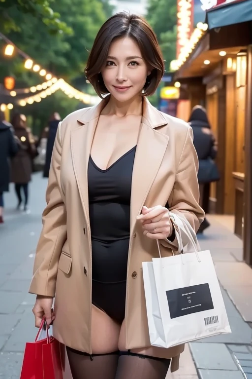 8K quality，masterpiece,Best Quality,Crack,Outdoor Shopping ,A woman around 35 years old ,Mature Woman， wears sexy underwear on her lower body ， wears sexy underwear on her upper body，Long coat，Holding a shopping paper bag in both hands， short hair，