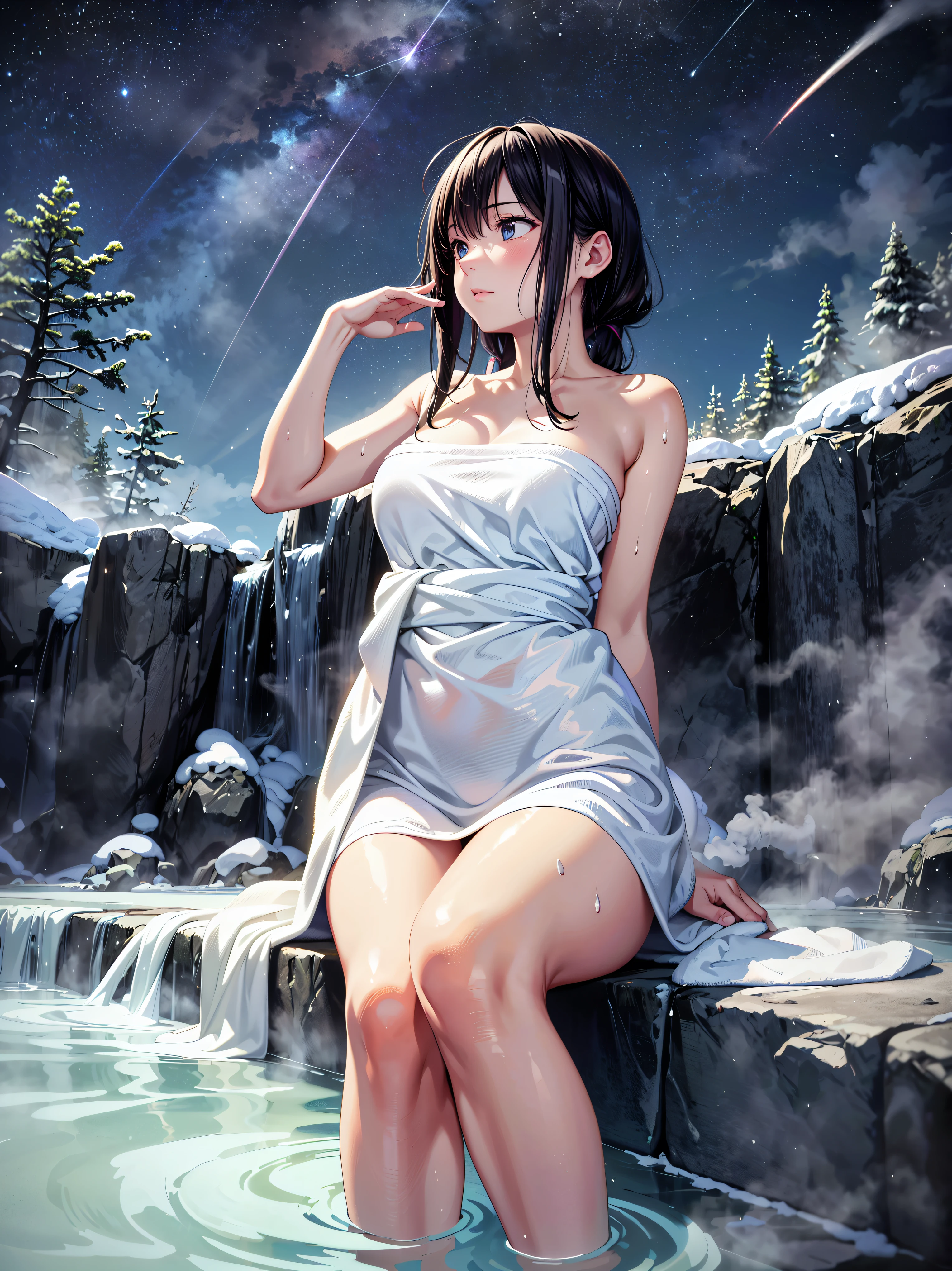 ( Ultra HD), (Super detailed), (Best Quality), Young woman,  wrap a white towel around your body,  Japanese Hot Springs,  Open-air Bath, Rock bath,  Yukemuri, ( steam :1.5), ((Submerge your body in the bath)), sit,  upper body, light sweat, 積もったsnow, (snow:1.3), (((looking up at night sky, from below, at side))), Starry Sky, Meteor Shower, 