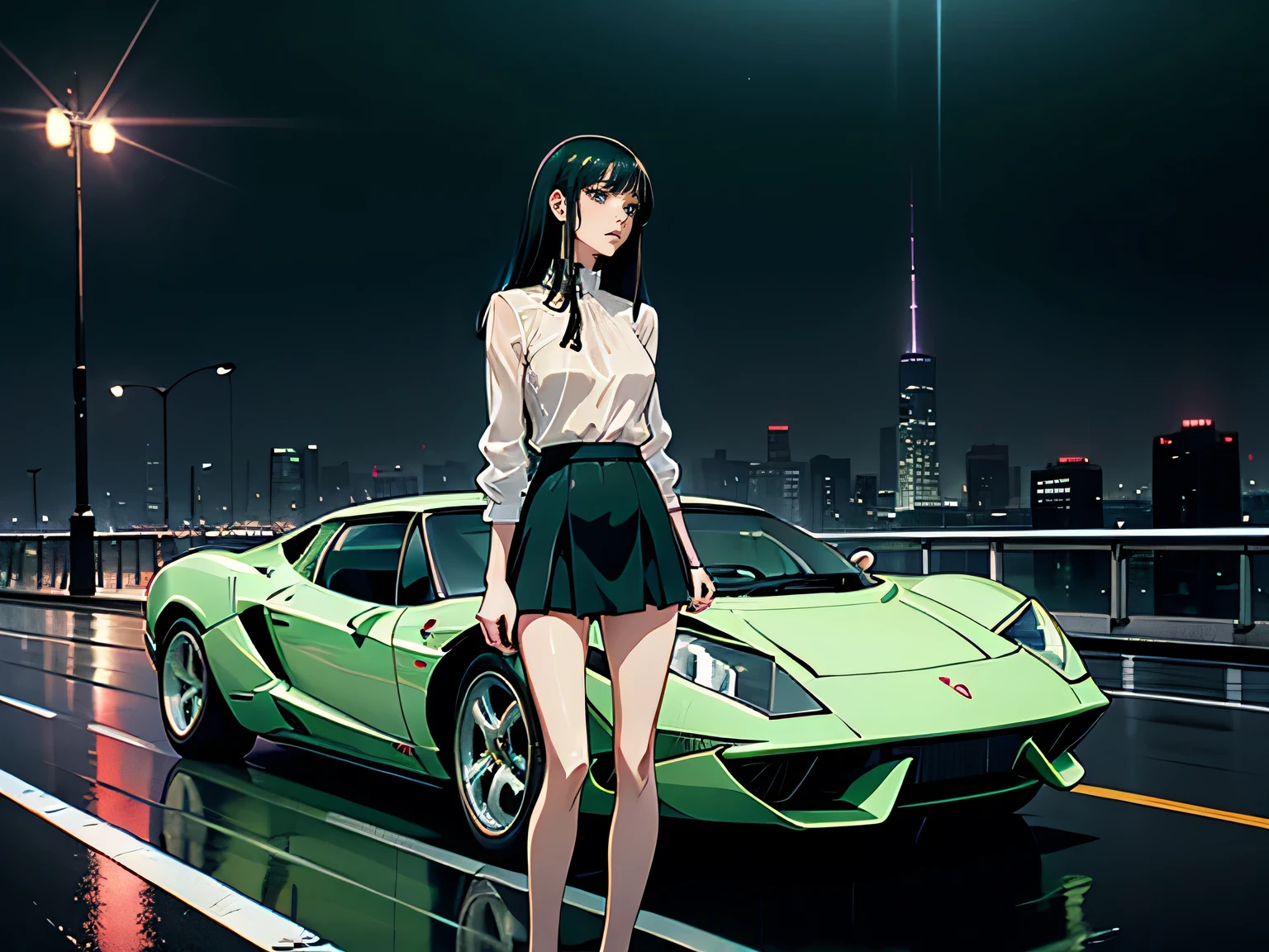 anime、High image quality、 high definition、 woman standing beside a car 、Green semi-long hair 、 see-through white blouse 、 short dark red miniskirt、(Blue Lamborghini Miura)、( Urban Dusk )、 Skyscrapers、 after rain、The road is wet、