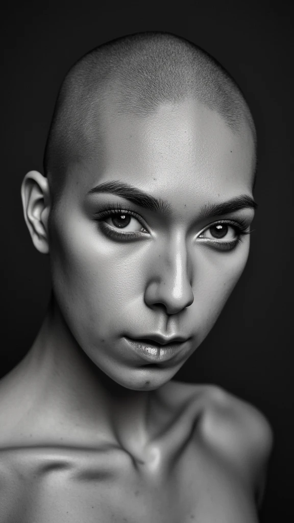 cinematic portrait, a ((smooth bald woman)) with a (((hairless smooth head))), (((no hair at all on her head))). detailed, hyper realistic, photorealistic, sharp focus, 8k, hyperdetailed eyes, extremely detailed skin, striking facial features, high contrast lighting, dramatic lighting, moody lighting, strong shadows, cinematic composition, atmospheric, compelling, dramatic, powerful expression, intense gaze, serious expression, (bald hairless smooth head), slight build, athletic physique, female, powerful, confident, authoritative, Feminine
