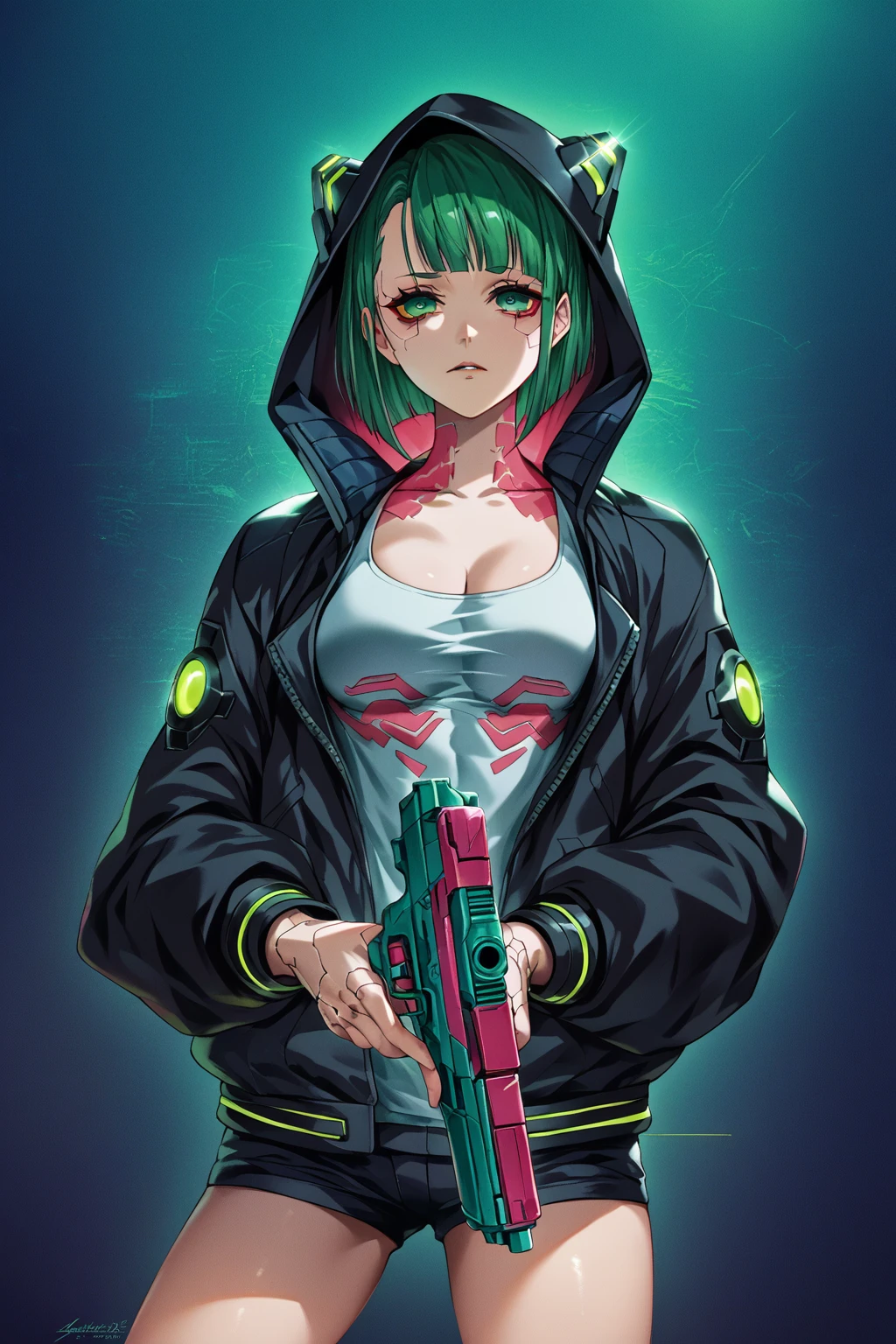 a woman with green eyes and a black jacket holding a gun, anime cyberpunk art, cyberpunk anime girl, best anime 4k konachan wallpaper, cyberpunk anime girl mech, female cyberpunk anime girl, cyberpunk anime art, anime style 4 k, digital cyberpunk anime art, cyberpunk anime girl in hoodie, anime wallpaper 4k, anime wallpaper 4 k, anime cyberpunk, skullzero loco letter