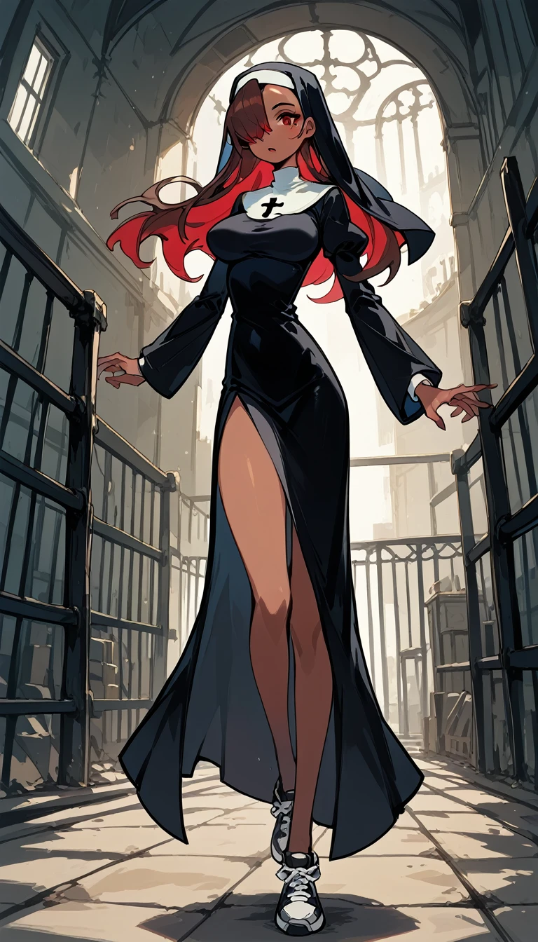 masterpiece, 4k, details, extreme details, high resolution , skullgirl art style , 1 woman , brown skin , white long hair, red eyes, hair cover one eye , mischievous face , nun costume , large breasts , leg slit dress , long legs , sneakers , hands , open arms , floating in air , spread legs , prison 