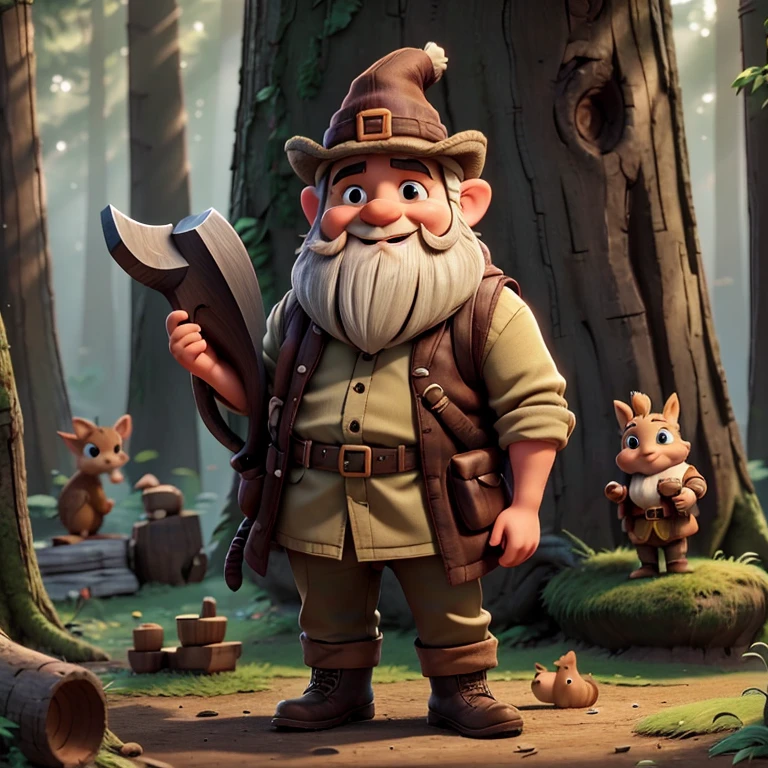 
A gnome with a beard , hat and boots . He has an axe and cuts a trunk . There is a squirrel and a fawn nearby. They are in a fairly thick forest . Sunny side , light filters through the branches