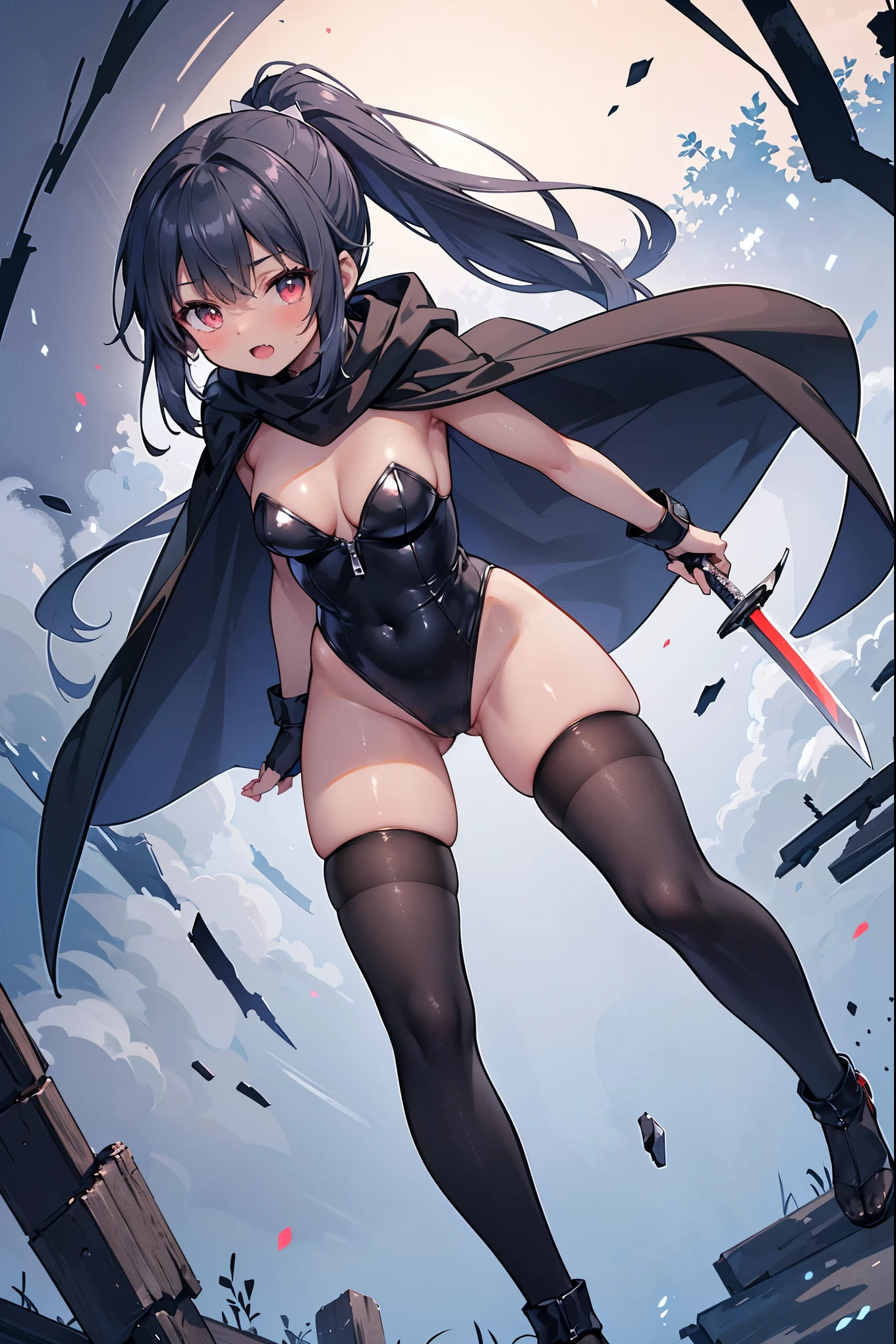 ((masterpiece,best quality anime,Highest quality:1.3)),(2 beauty),Female ninja,***ung_teen_girl,solo,((tiny body:1.3)),black hair,bangs,(long ponytail hair),gorgeous big eyes,red eyes,((dark skin:1.5)),(black high neck sleeveless,side_lock_leotard,white_leotard、tiny_thighs,black_thighhighs,black fingerless gloves),((slender body:1.3,skinny)),medium breasts,gleaming skin,shiny skin,Fighting stance with a Japanese sword、(A detailed depiction of a Japanese sword)、night,Action scene fighting the grim reaper、open_legs,crotch,black_cloak,black_cape, scarf,open_mouth, tight_waist,large_waist_belts,tight_thighs,boots,young_lower_body, zipper_on_front_on_leotard,fishnet,fang,