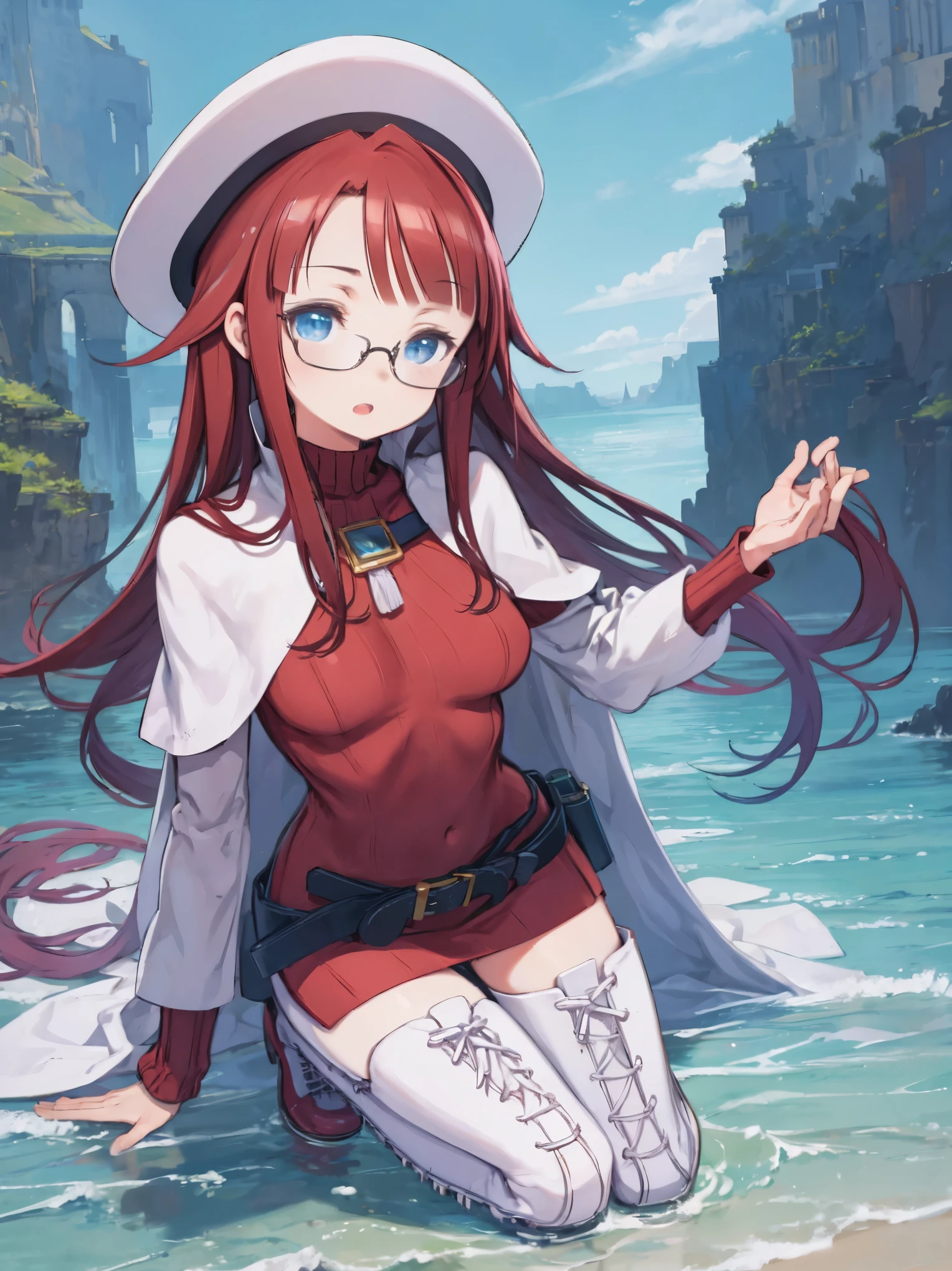 masterpiece, best quality, integrated scenery, integrated background, extremely delicate and beautiful, meticulous details, good composition, , cute face, perfect face, perfect hands, best quality, summonnightaty, aty, (young:1.3),long hair, blue eyes, red hair, large_breasts, hat, glasses,
BREAK long hair, thighhighs, dress,  glasses, belt, cape, sweater, zettai ryouiki, beret, thigh boots, white footwear, ribbed sweater, loose belt,solo,
BREAK  fantasy,
,Highquality_hads,perfect_fingers,
BREAK (masterpiece:1.2), best quality, high resolution, unity 8k wallpaper, (illustration:0.8), (beautiful detailed eyes:1.6), extremely detailed face, perfect lighting, extremely detailed CG, (perfect hands, perfect anatomy),(covered_nipples:0.7),(covered_navel:0.7) ,half_eyes,,sleepy_eyes,red_sweater,apart_knees,spread_legs,rise_knee,light_Smile,rise_hand,open_arms,beach_landscape,,(plump:0.6),open_mouth, dynamic_angle,solo,kneeling, slouch,half_eyes,