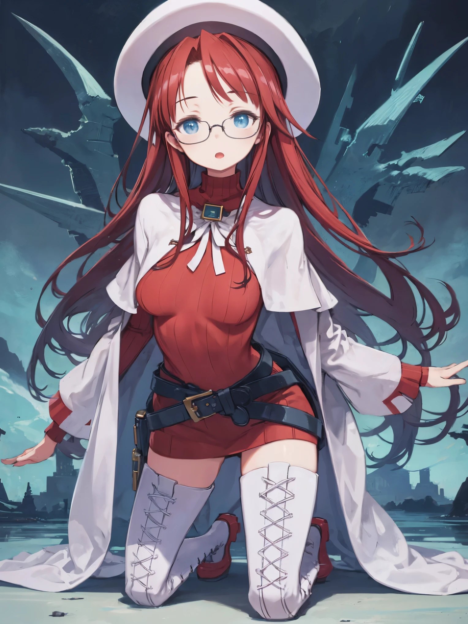 masterpiece, best quality, integrated scenery, integrated background, extremely delicate and beautiful, meticulous details, good composition, , cute face, perfect face, perfect hands, best quality, summonnightaty, aty, (young:1.3),long hair, blue eyes, red hair, large_breasts, hat, glasses,
BREAK long hair, thighhighs, dress,  glasses, belt, cape, sweater, zettai ryouiki, beret, thigh boots, white footwear, ribbed sweater, loose belt,solo,
BREAK  fantasy,
,Highquality_hads,perfect_fingers,
BREAK (masterpiece:1.2), best quality, high resolution, unity 8k wallpaper, (illustration:0.8), (beautiful detailed eyes:1.6), extremely detailed face, perfect lighting, extremely detailed CG, (perfect hands, perfect anatomy),(covered_nipples:0.7),(covered_navel:0.7) ,half_eyes,,sleepy_eyes,red_sweater,apart_knees,spread_legs,rise_knee,light_Smile,rise_hand,open_arms,beach_landscape,,(plump:0.6),open_mouth, dynamic_angle,solo,kneeling, slouch,half_eyes,