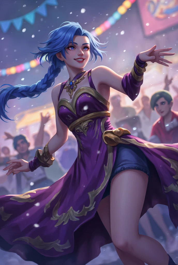 Jinx danced to her heart's content at a , surrounded by joyful crowds and sparkling lights. She was wearing a gorgeous dress, with a happy smile on her face. The vivid colors and interplay of light and shadow create a festive and celebratory atmosphere.
look at viewer, full body, Valkyrie, solitary, a girl with one long plait, blue hair, Jinx \(league of legends\).  
best quality, masterpiece, intricate details, ultra-detailed