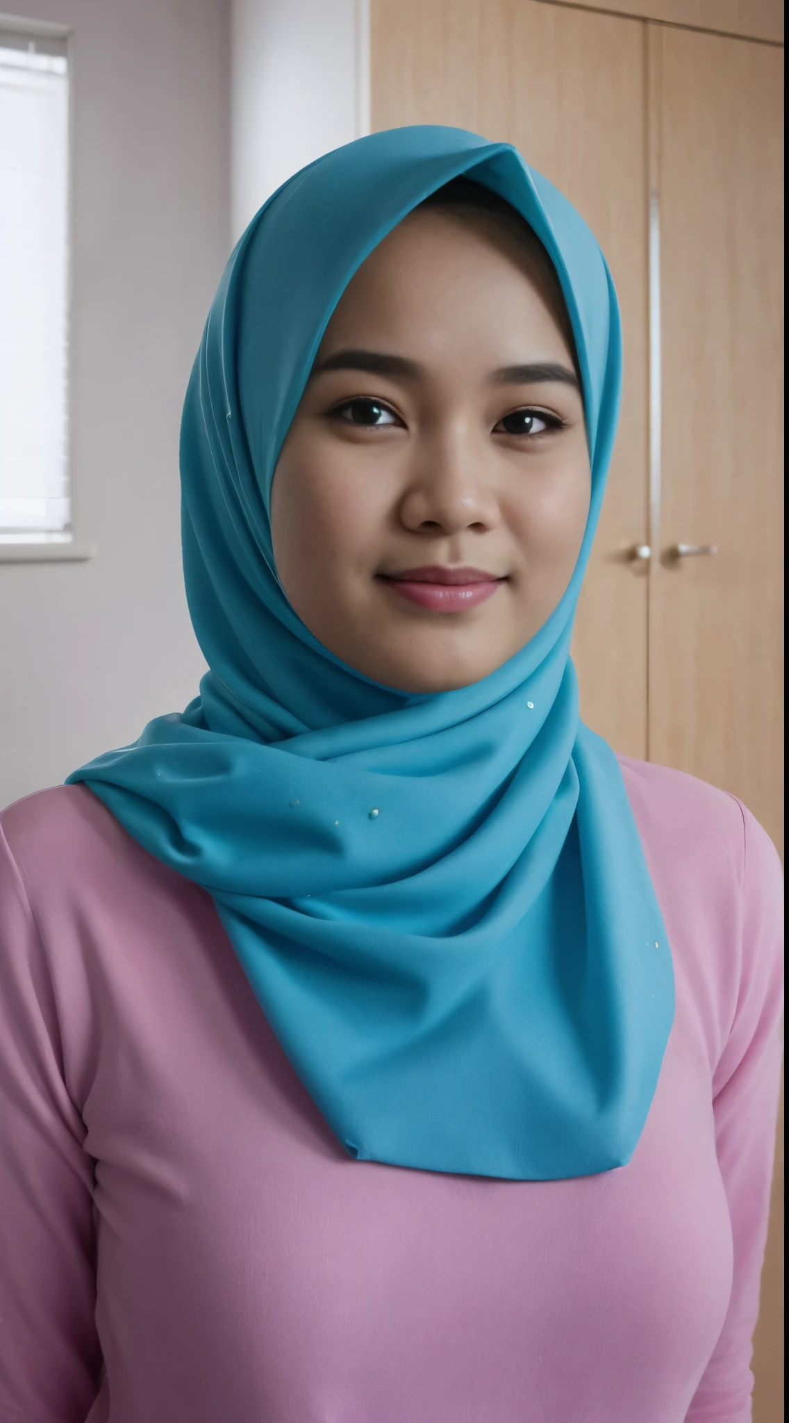 1 malay girl , modern pom-pom hijab, shy, medium portrait shot , watery eyes , medium sagging breast, blue glowing particles, wear soft yellow cotton beginner bra and panties, blue bedroom background, bright front light, 8mm lens, Extreme close-up, pastel color grading, depth of field cinematography effect, film noir genre, 8k resolution, high quality, ultra detail,