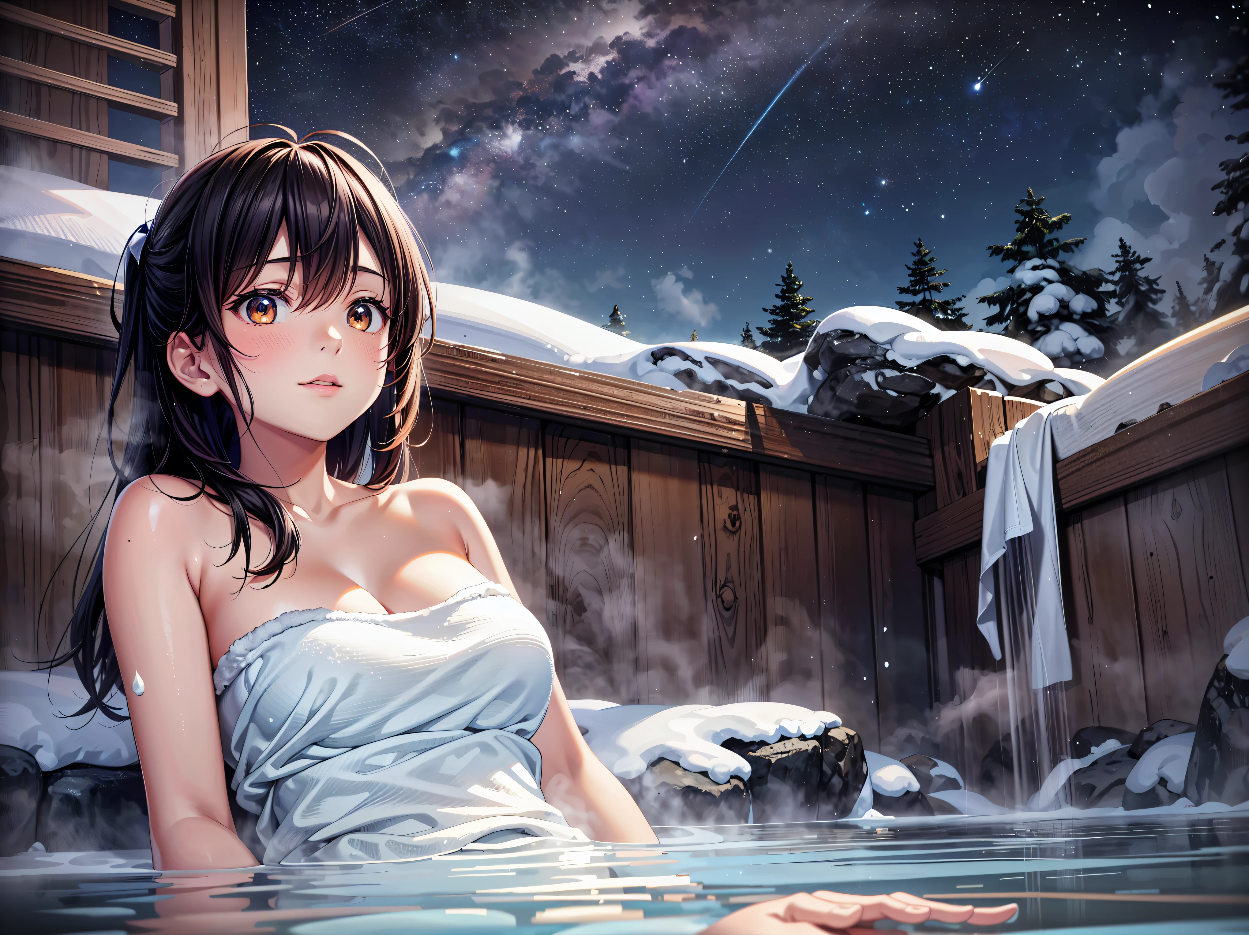 ( Ultra HD), (Super detailed), (Best Quality), Young woman,  wrap a white towel around your body,  Japanese Hot Springs,  Open-air Bath, Rock bath,  Yukemuri, ( steam :1.5), ((Submerge your body in the bath)), sit,  upper body, 積もったsnow, (snow:1.3), (((looking up at night sky, from below, at side))), Starry Sky, Meteor Shower, 