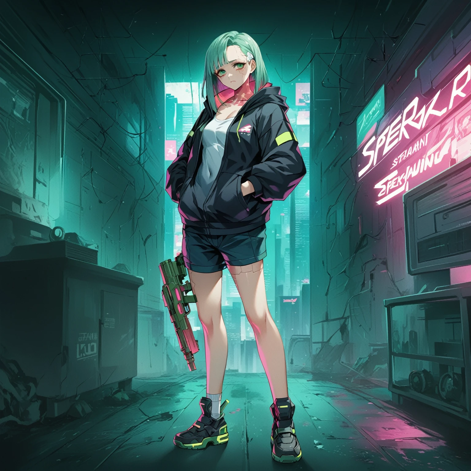 a woman with green eyes and a black jacket holding a gun, anime cyberpunk art, cyberpunk anime girl, best anime 4k konachan wallpaper, cyberpunk anime girl mech, female cyberpunk anime girl, cyberpunk anime art, anime style 4 k, digital cyberpunk anime art, cyberpunk anime girl in hoodie, anime wallpaper 4k, anime wallpaper 4 k, anime cyberpunk, skullzero loco letter