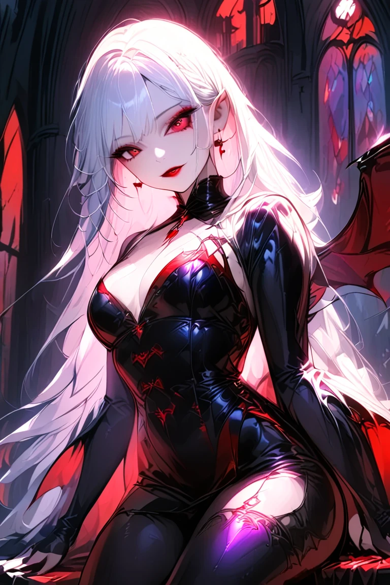 1 young beautiful woman,(Best Quality, Extremely Detailed Description , incredibly absurd high definition,Curvaceous Body),(Female vampire),(Vampire Dress,latex, black tights, High Heels , thigh high boots),( Red Eyes, bewitching smile,Red lipstick,Sharp teeth, pointed ears,Shadowed face, half-closed eye,Beautiful thighs,Beautiful legs, beautiful body line, pale, beautiful skin,wing,Seductive gestures, looking for a tongue ),Full body image, Stained Glass,church,Side view:1.3